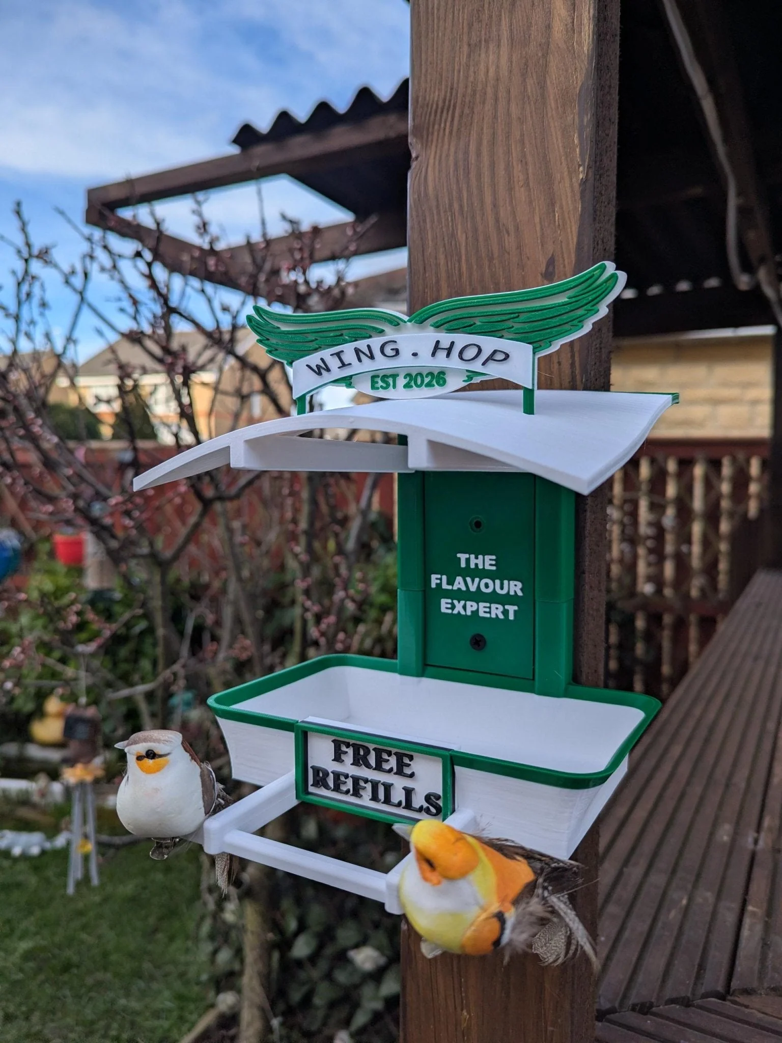 Wing Hop Bird Feeder – 3D Printed Fly Thru Feeder – Quirky Garden Decor – Funny Bird Seed Feeder – Unique Outdoor Gift - Image 8