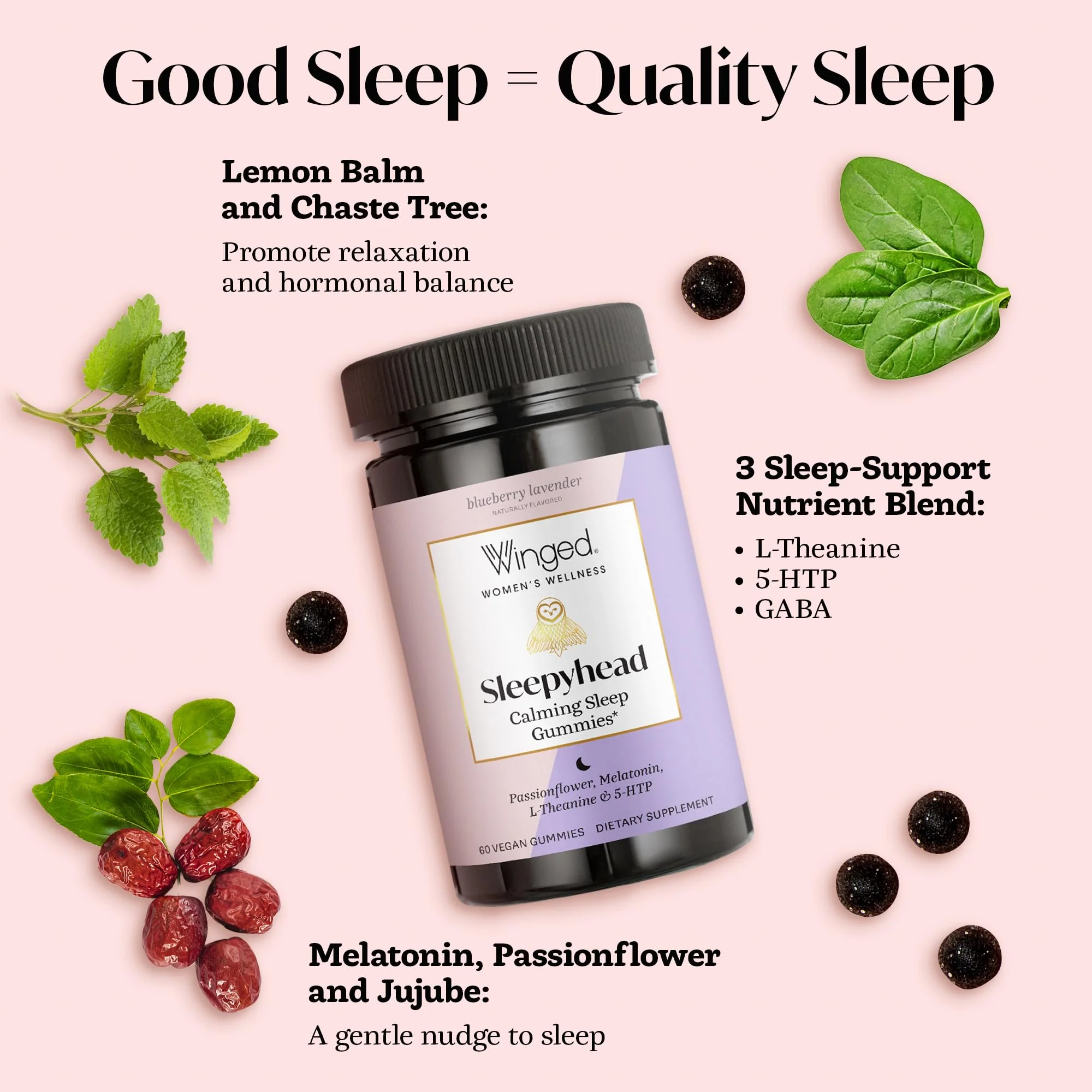 Winged Wellness Sleepyhead Gummies for Women – 3mg Melatonin Sleep Support, Blueberry Lavender, 30 Servings - Image 3