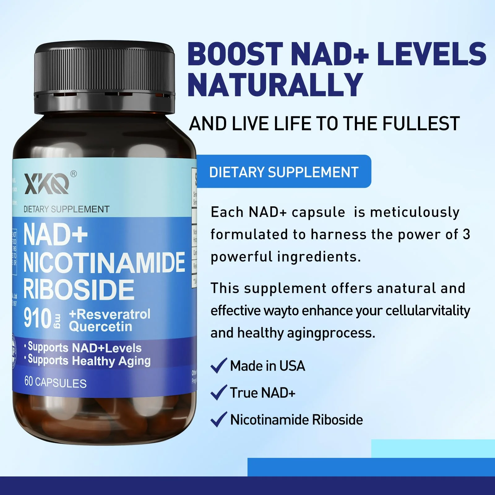 XKQ NAD+ Supplement 910mg – 60 Servings | Nicotinamide Riboside for Energy & Healthy Aging - Image 2