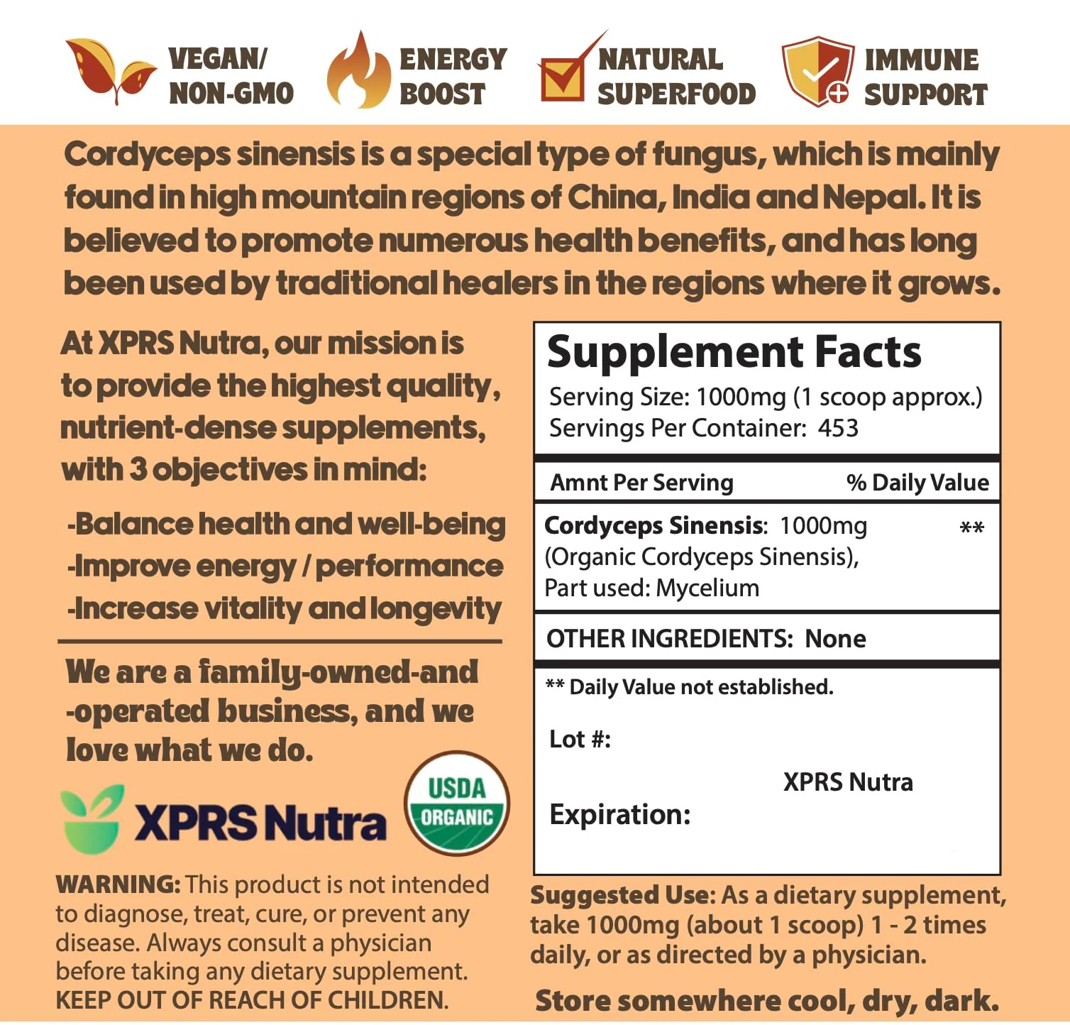 XPRS Nutra Organic Cordyceps Mushroom Powder – Energy & Immune Support (16 oz) - Image 2