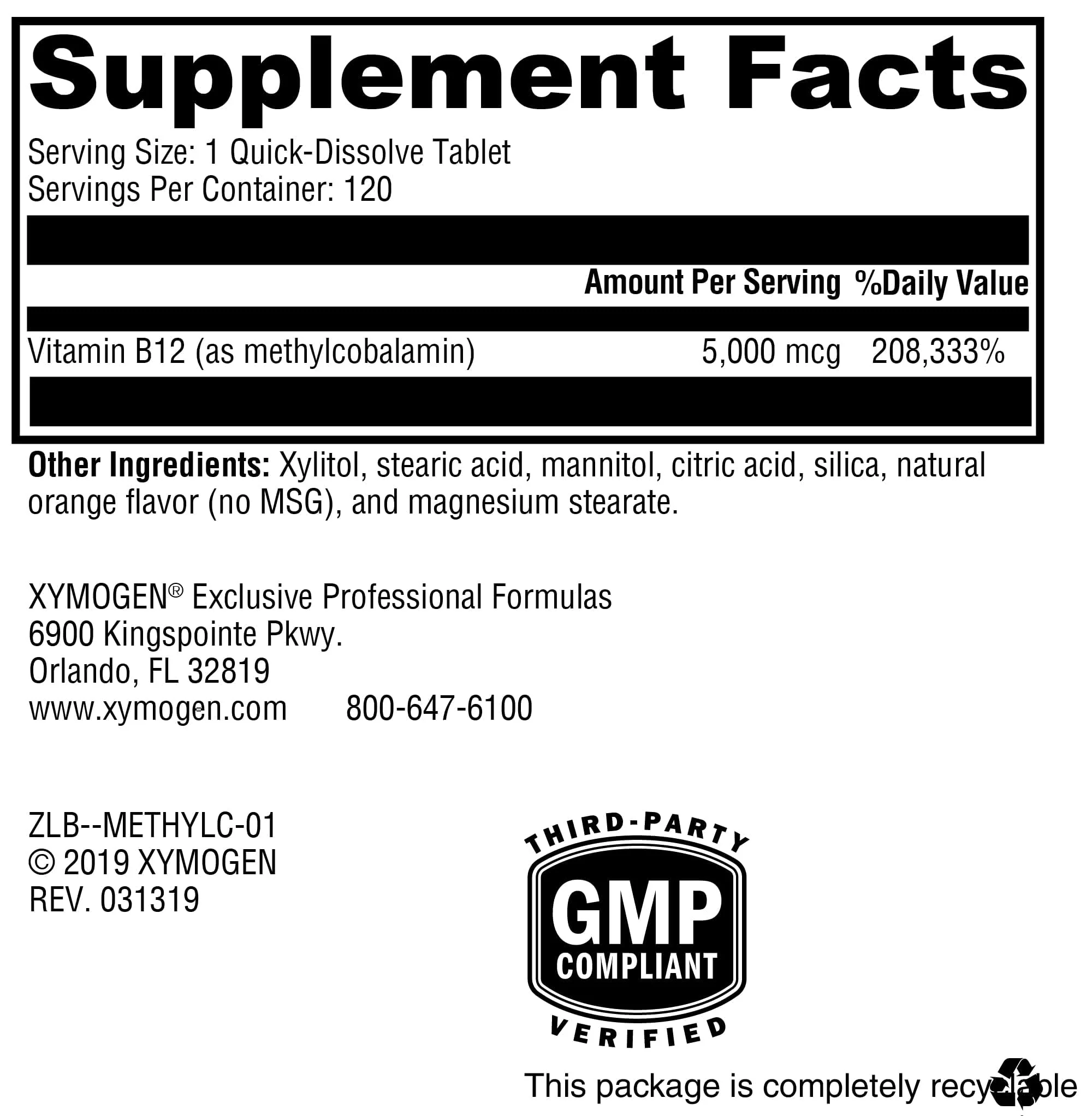 XYMOGEN Methylcobalamin 5,000 mcg – Vitamin B12 Supplement for Methylation, Neurological Health & Immunity (120 Tablets) - Image 2
