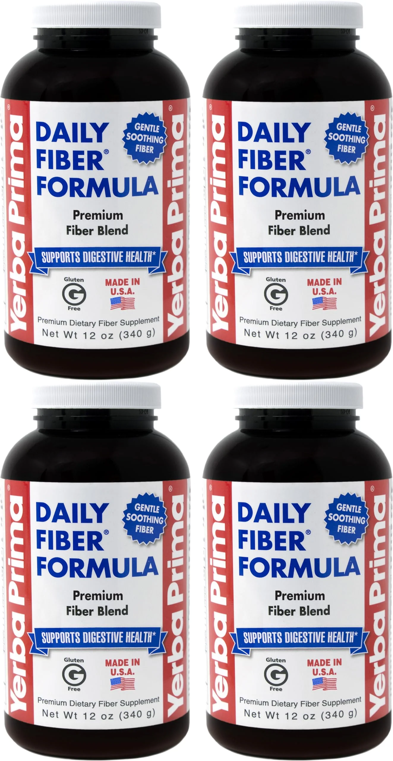 Yerba Prima Daily Fiber Formula Powder – 12 oz (Pack of 4) | Soluble & Insoluble Fiber for Gut Health | Vegan, Non-GMO, Gluten-Free