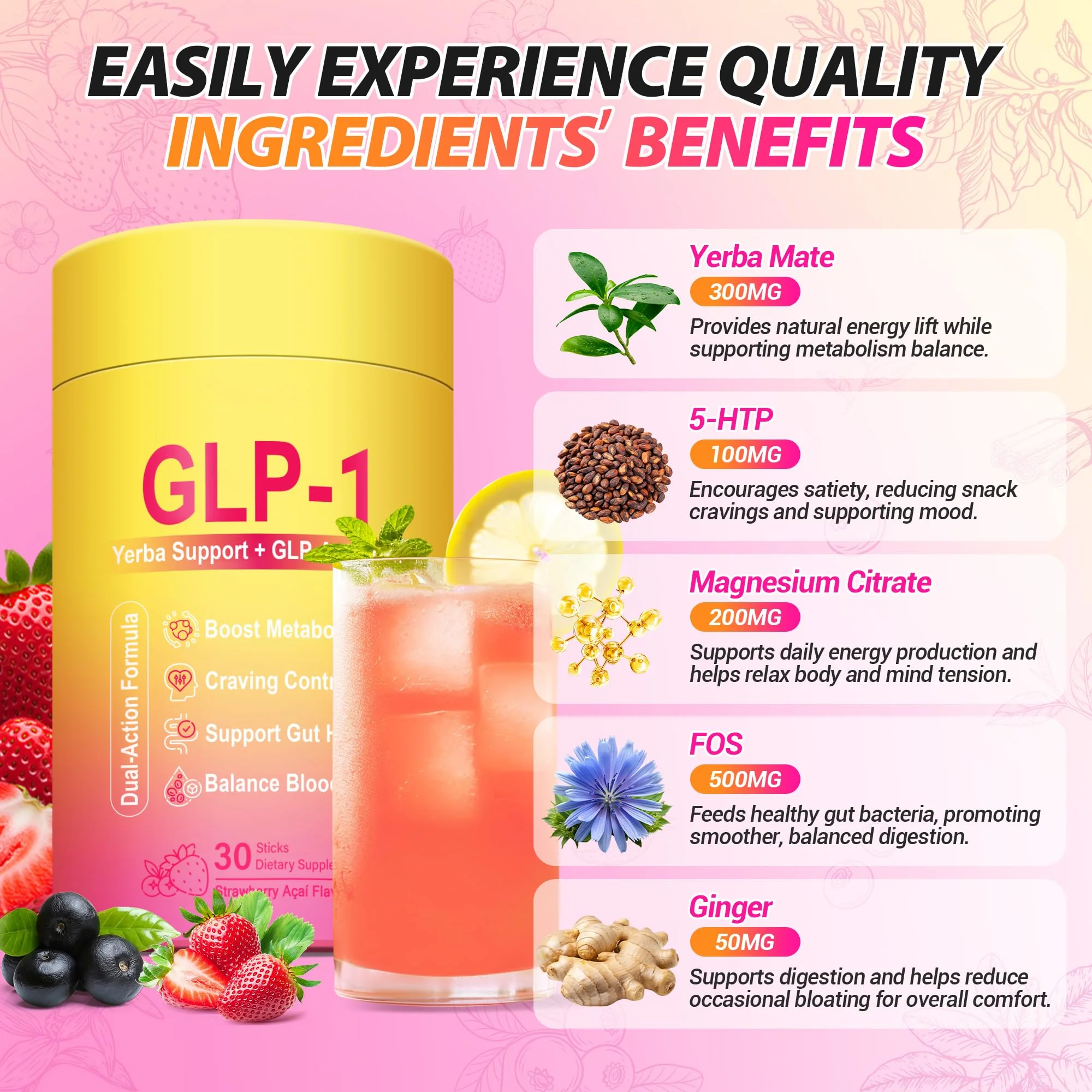 Yooloks Cutting Drink Mix – GLP-1 Drink Mix with 5-HTP, Yerba Mate & Magnesium, FOS | Strawberry Acai Flavor – 30 Servings - Image 12