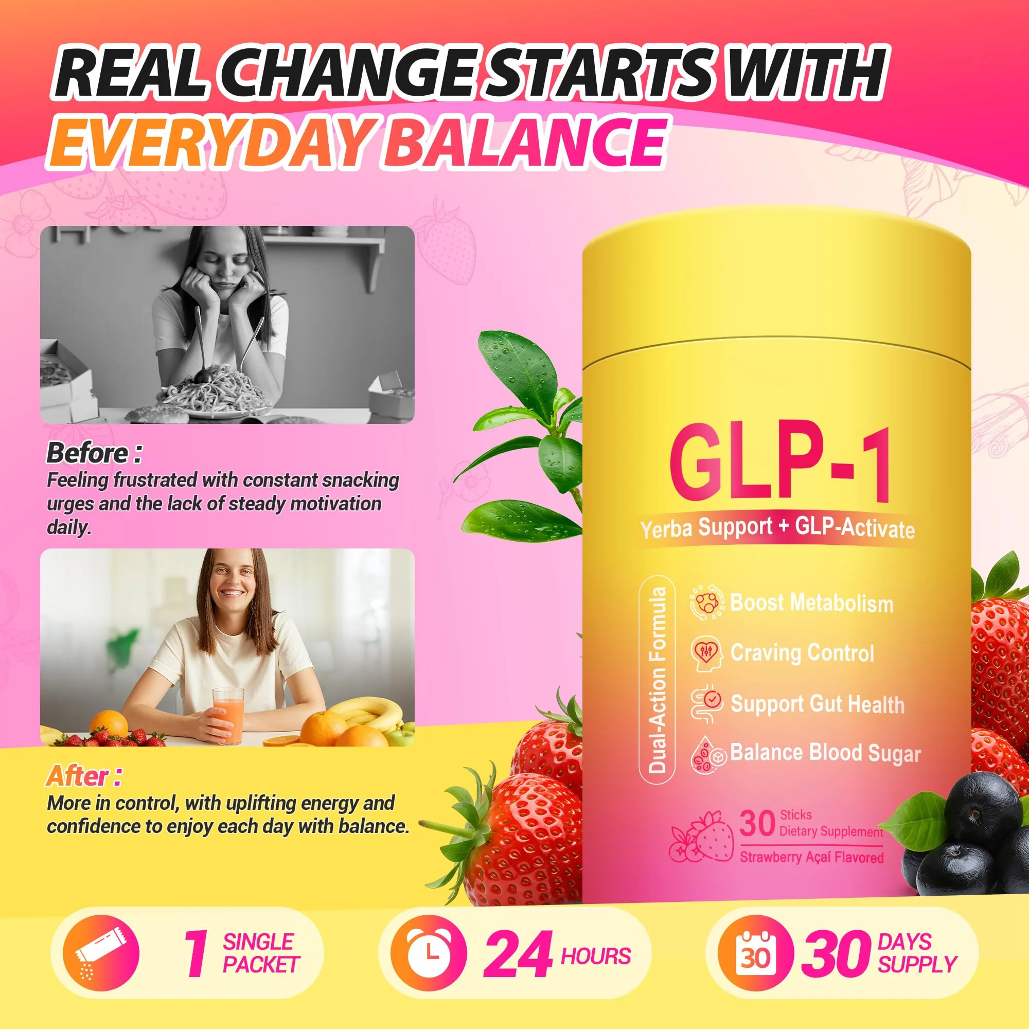 Yooloks Cutting Drink Mix – GLP-1 Drink Mix with 5-HTP, Yerba Mate & Magnesium, FOS | Strawberry Acai Flavor – 30 Servings - Image 14
