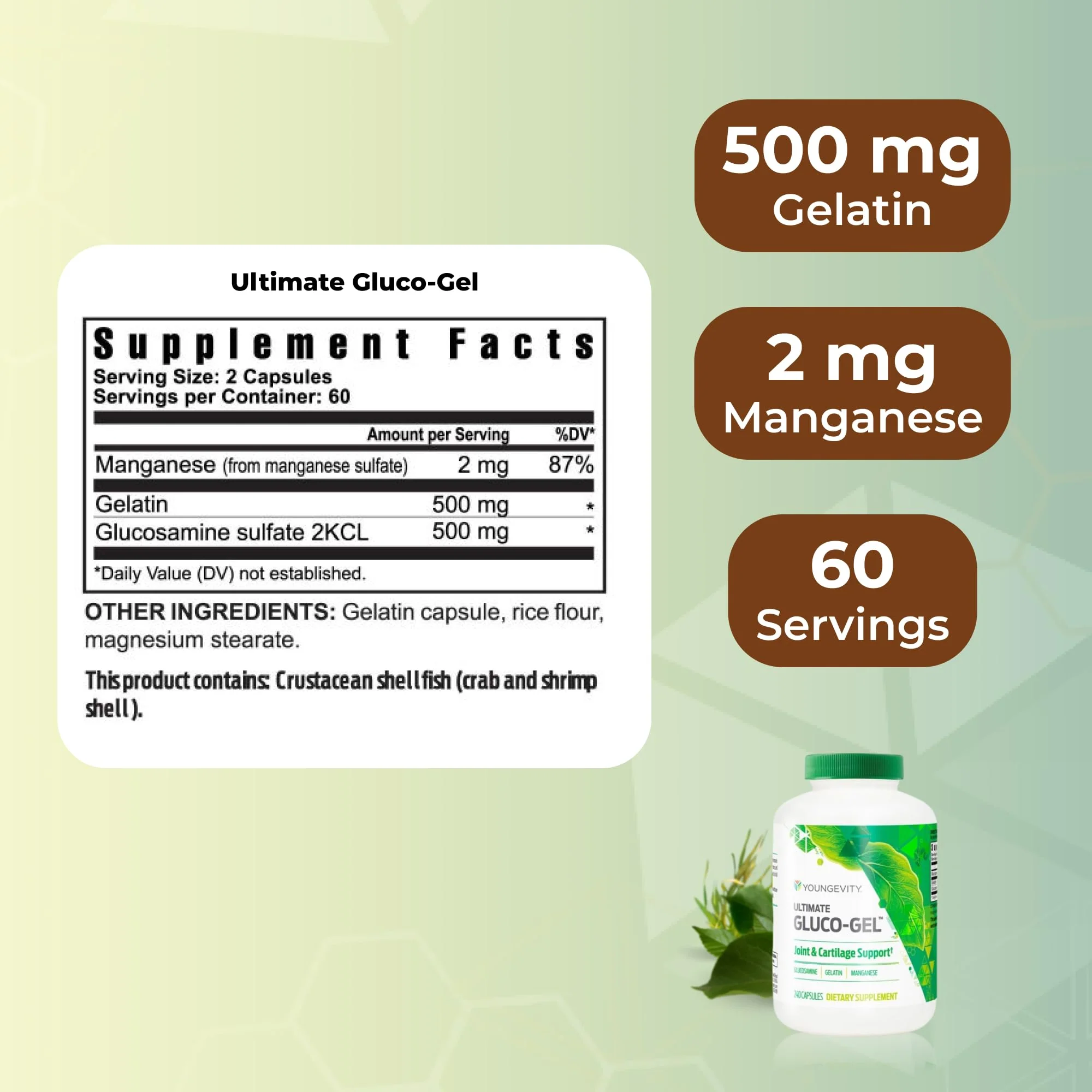 Youngevity Ultimate Gluco-Gel: Gelatin, Glucosamine & Manganese | 240 Capsules - Image 3