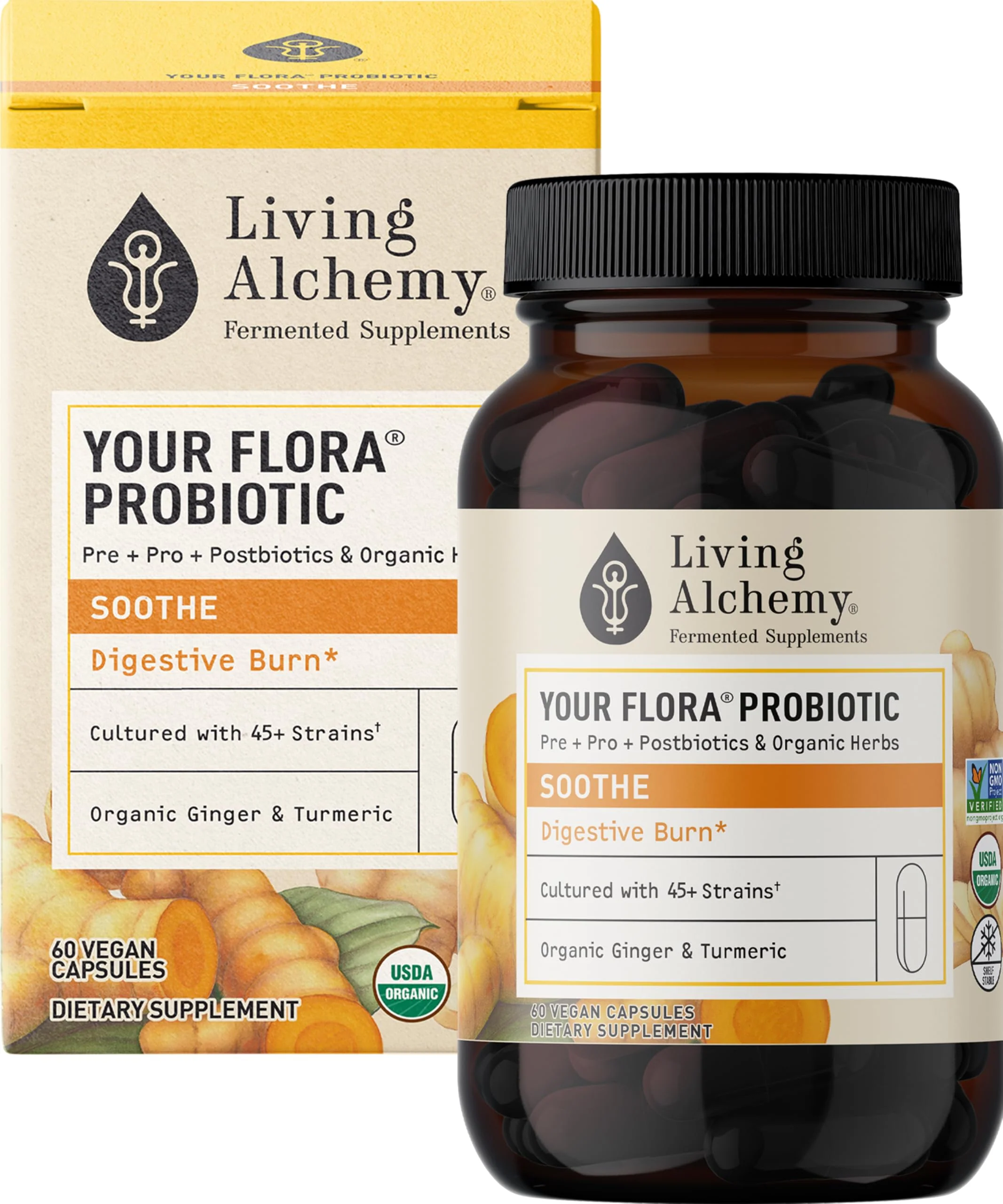 Your Flora Probiotic Soothe – Non-GMO Probiotics with Ginger & Turmeric | Living Alchemy, 60 Pcs