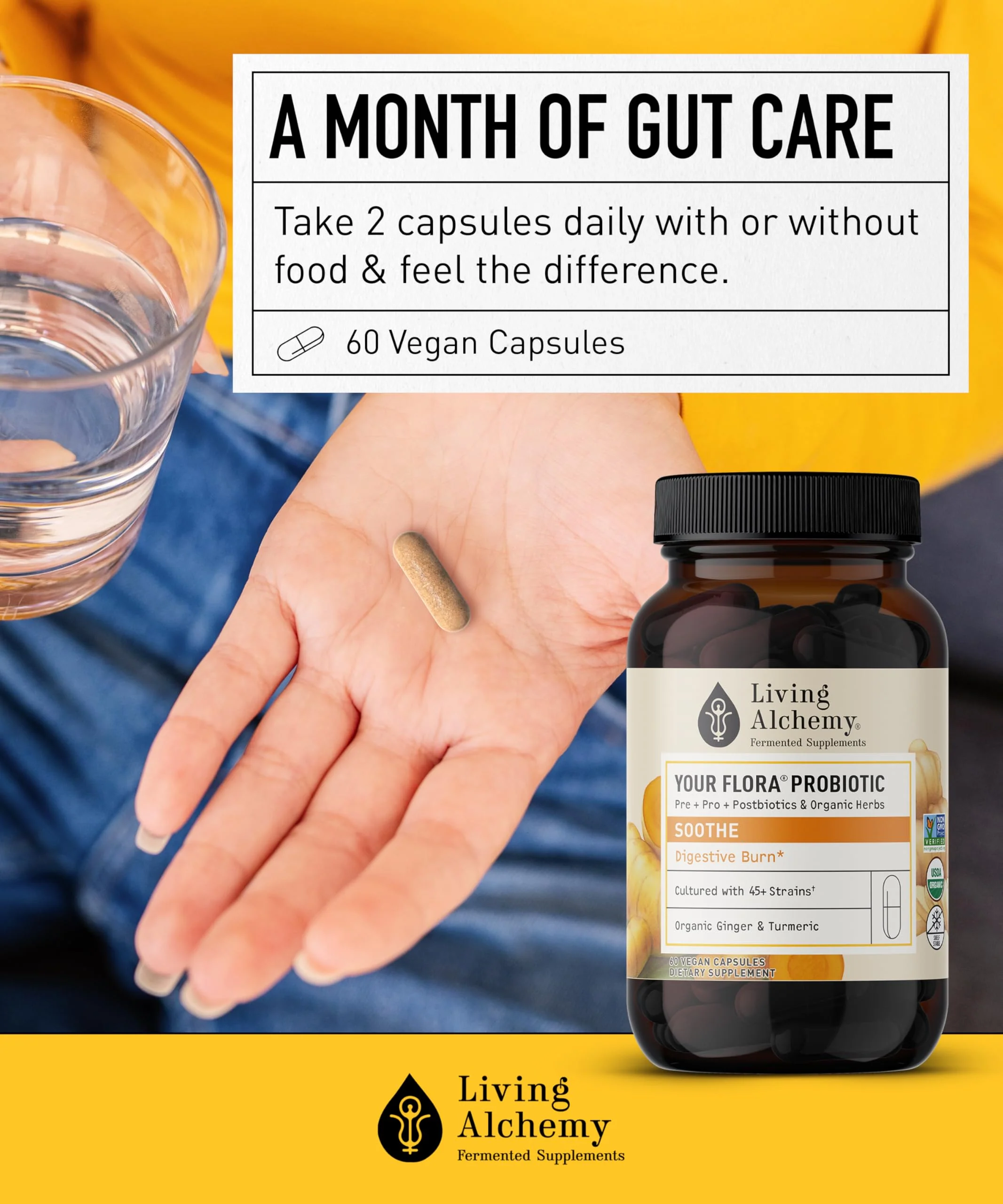 Your Flora Probiotic Soothe – Non-GMO Probiotics with Ginger & Turmeric | Living Alchemy, 60 Pcs - Image 6