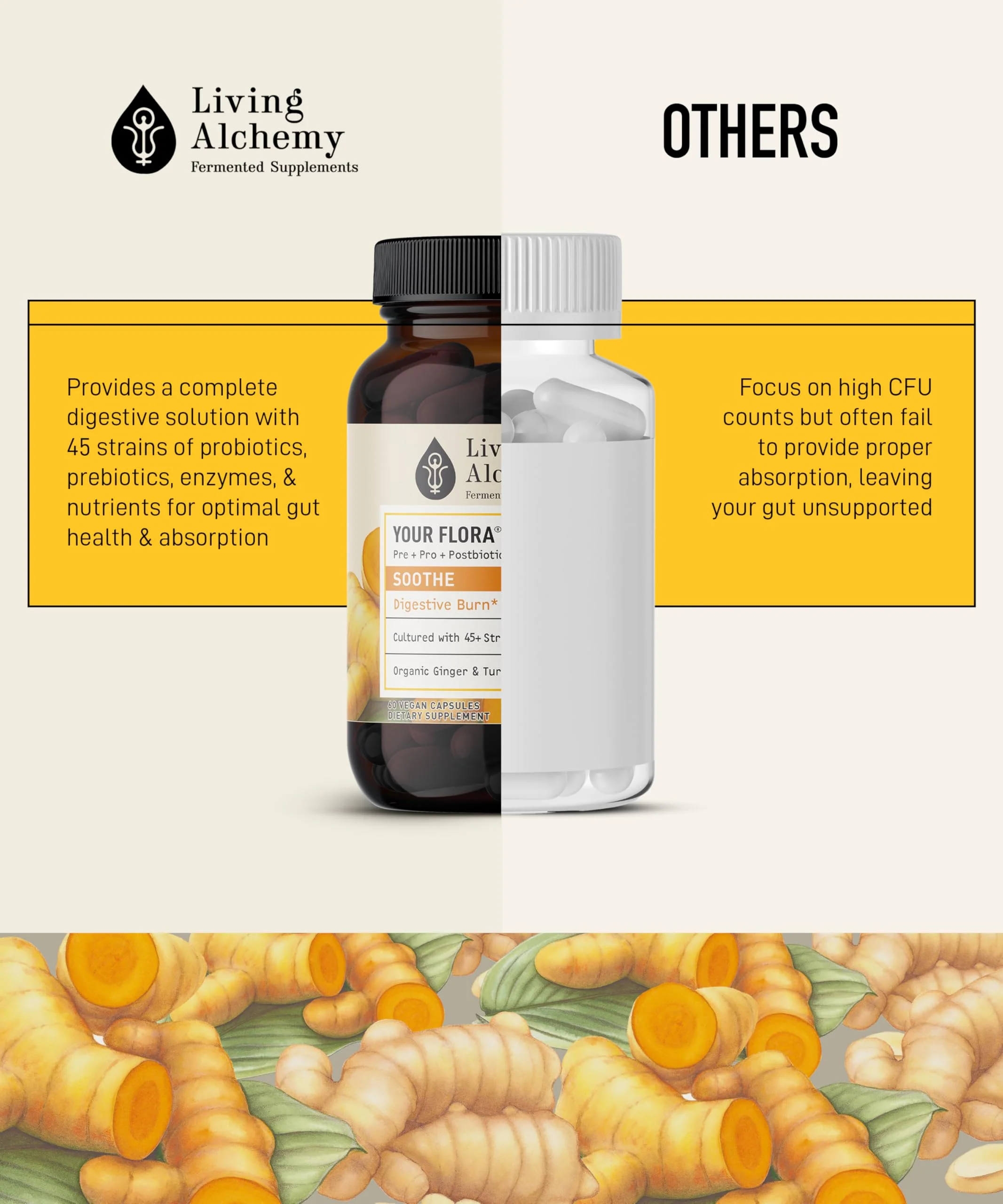 Your Flora Probiotic Soothe – Non-GMO Probiotics with Ginger & Turmeric | Living Alchemy, 60 Pcs - Image 7