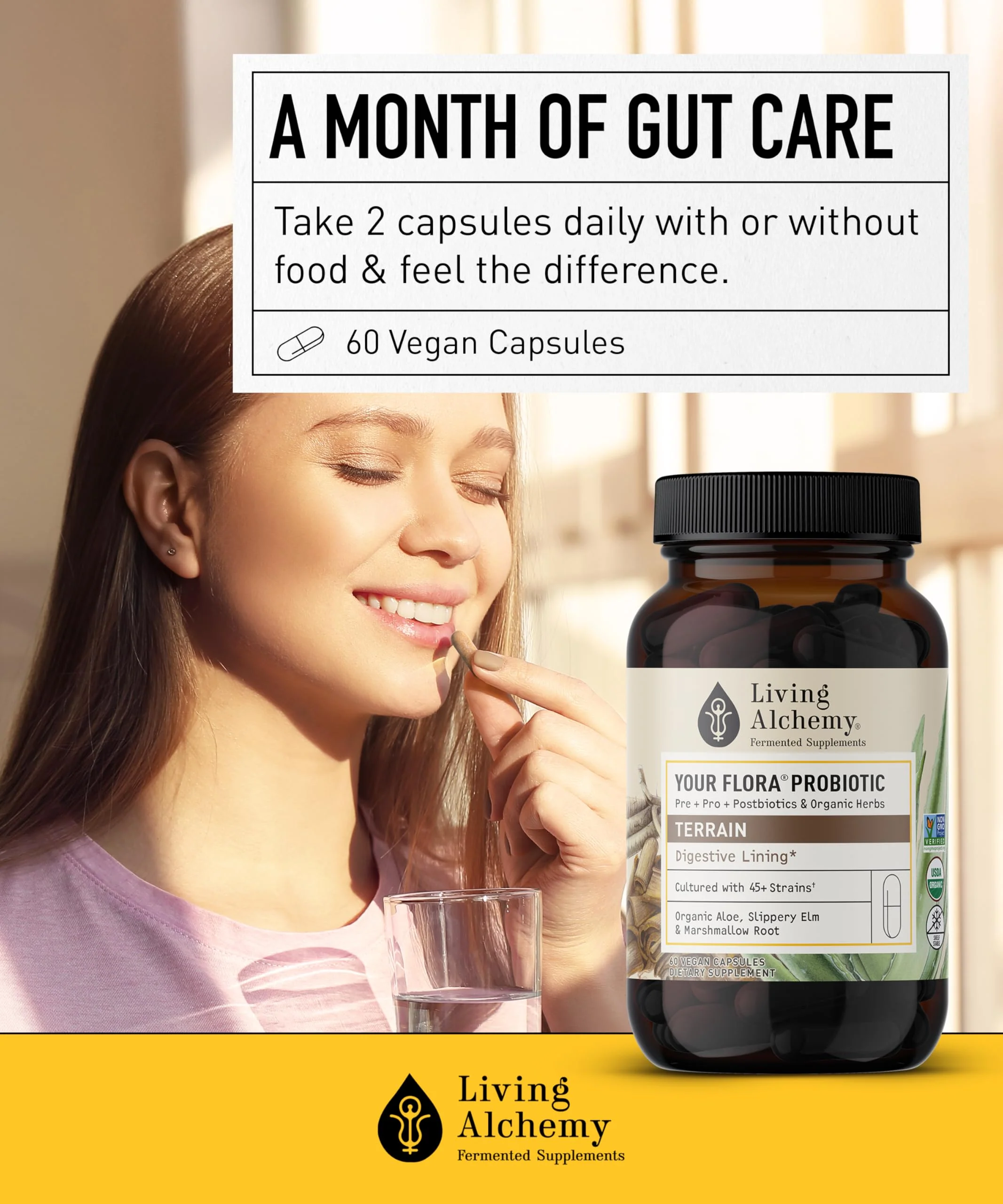Your Flora Probiotic Terrain – Non-GMO Probiotics with Fermented Soybean, Aloe Vera, & Slippery Elm for Gut Balance & Digestion | Living Alchemy, 60 Pcs - Image 15