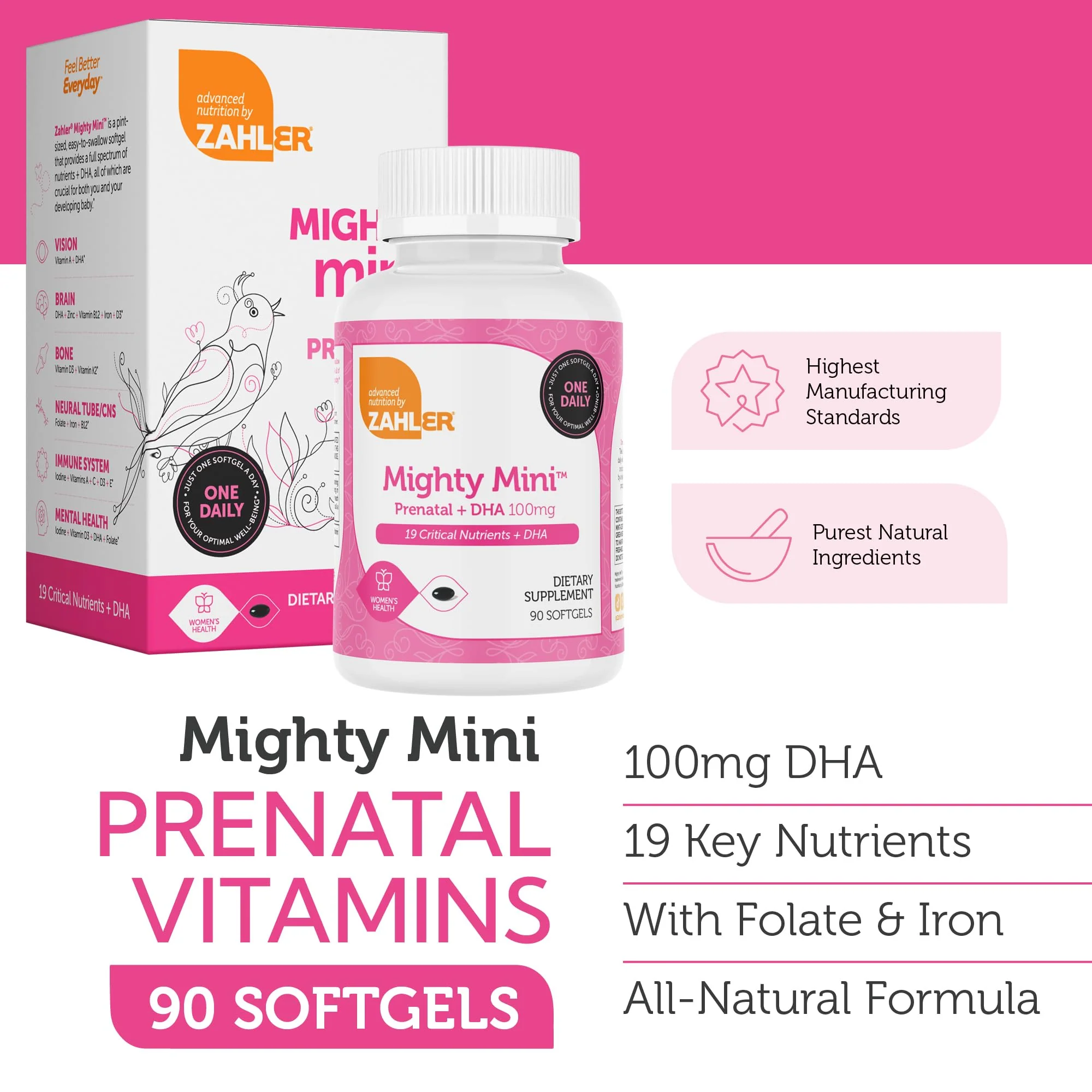 Zahler Mighty Mini Prenatal Vitamin with DHA & Folate – Kosher, All-Natural (90 Softgels) - Image 3