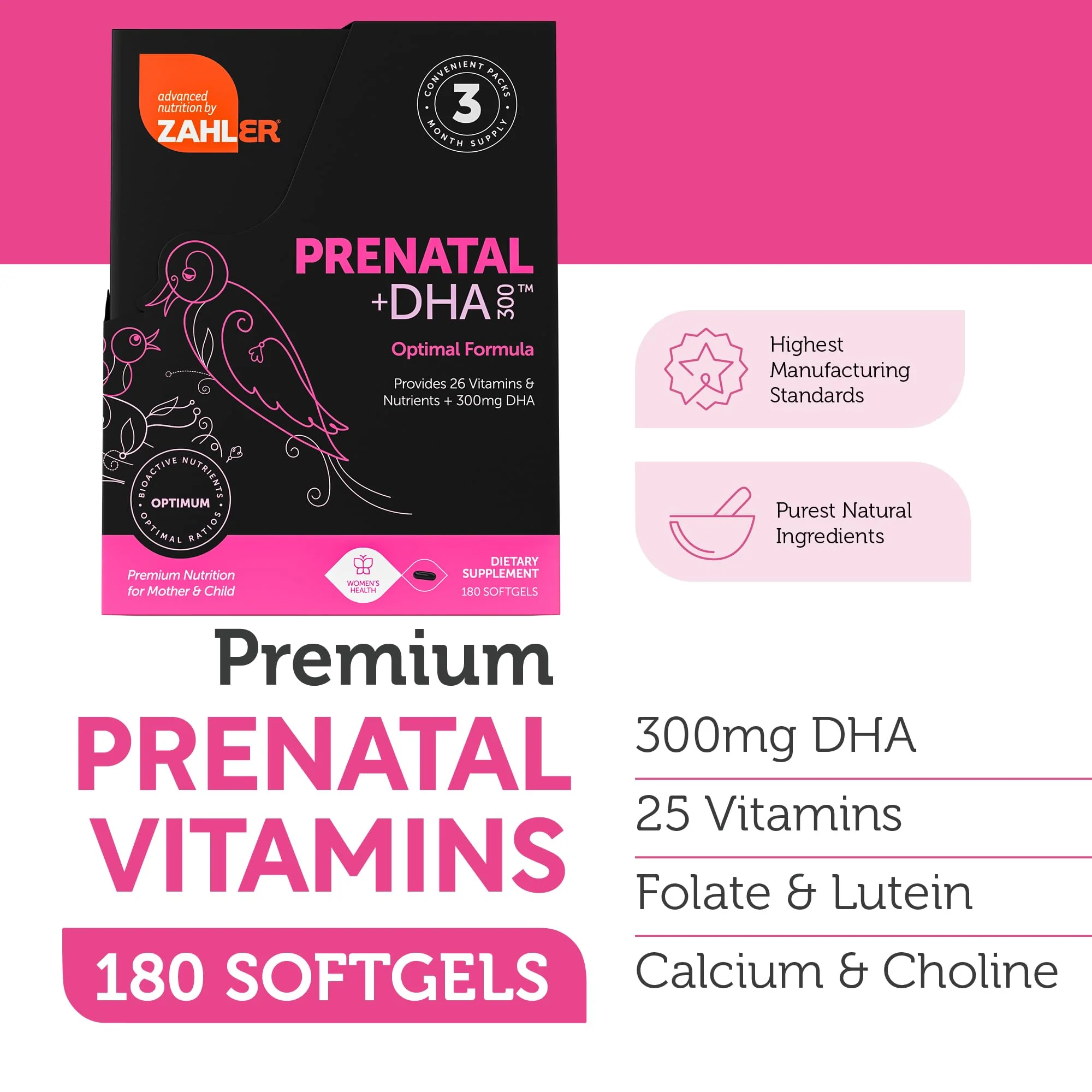Zahler Prenatal Vitamin with DHA & Folate – Kosher Prenatal Softgels (180 Count) - Image 3