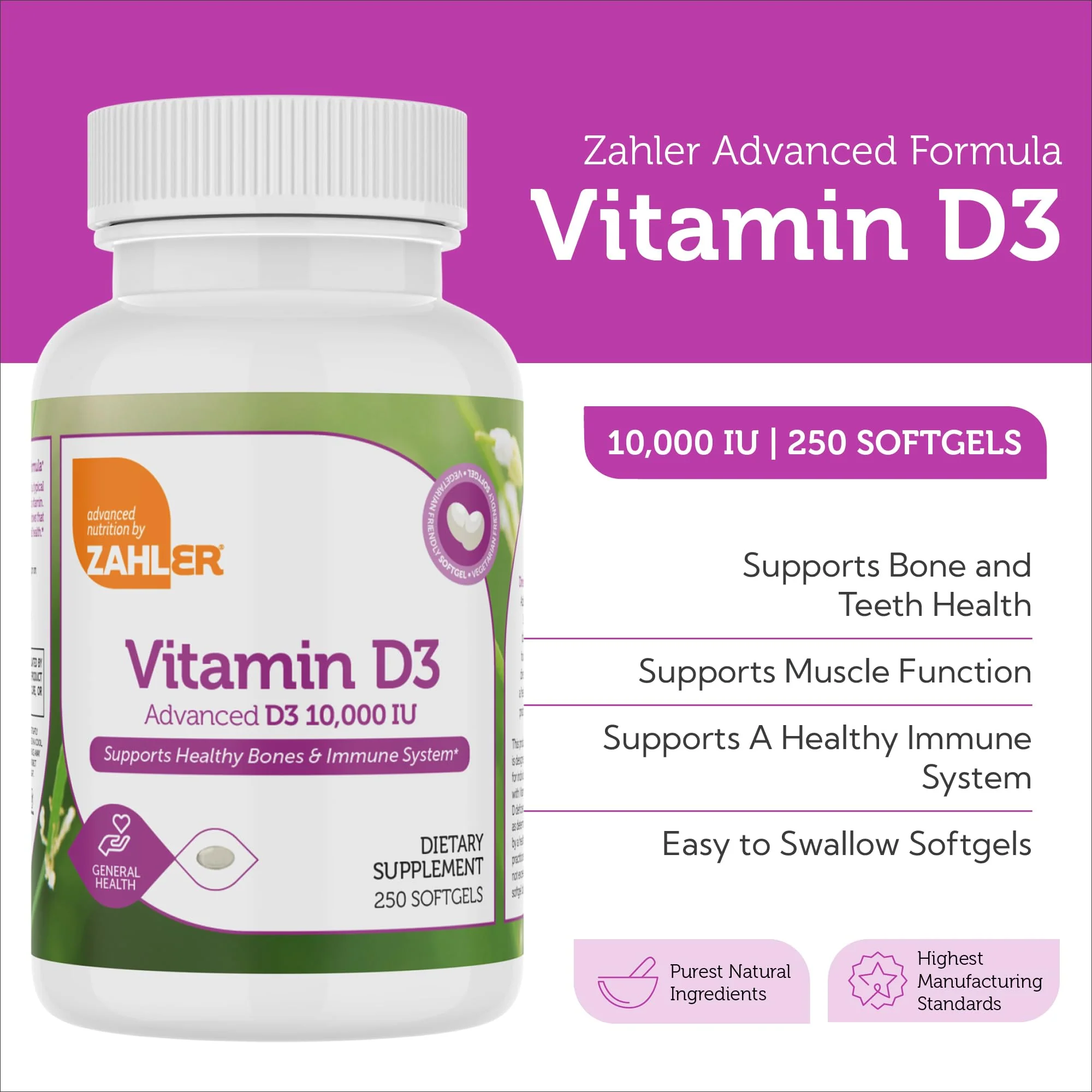 Zahler Vitamin D3 10,000 IU Softgels – 250 Count, 2-Pack | Kosher & Vegetarian - Image 2