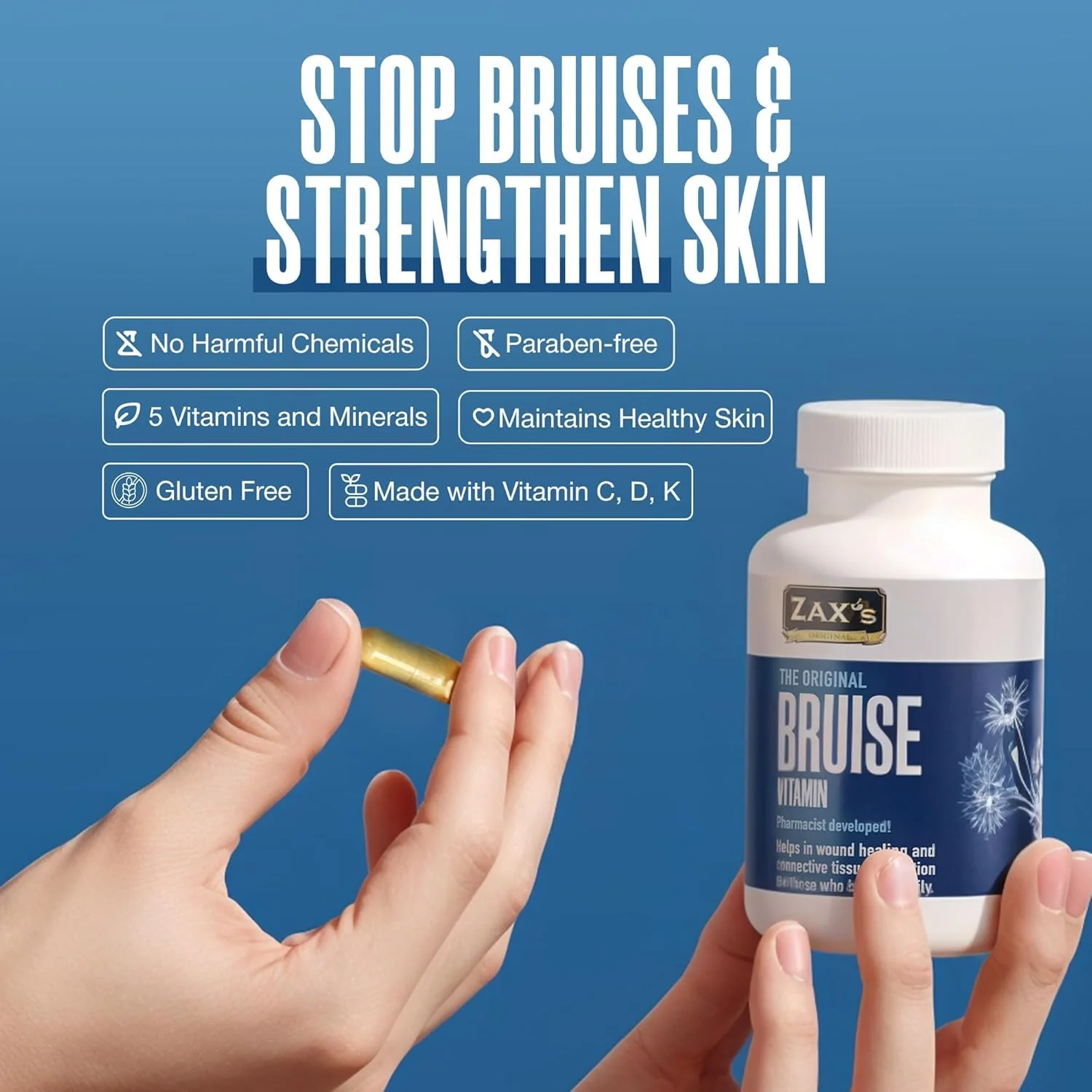 Zax's Original Bruise Vitamin 2-Pack – Pharmacist-Developed Bruising Supplements with Zinc, Vitamins C, D3, K | 120 Caps - Image 3