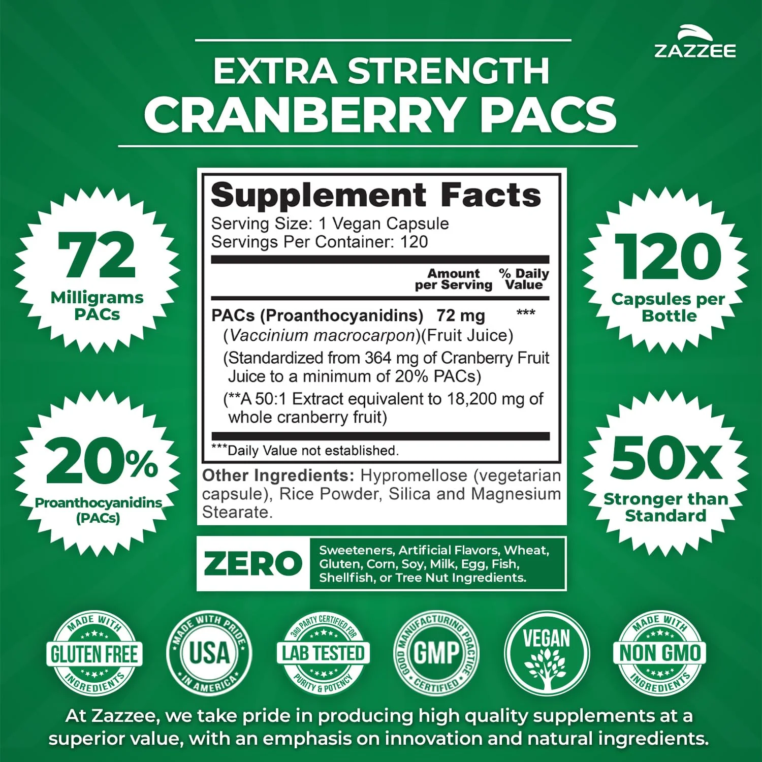 Zazzee Cranberry PACs – 72 mg per Capsule, 2x Strength, 120 Vegan Capsules, 50:1 Extract, Made in USA - Image 2