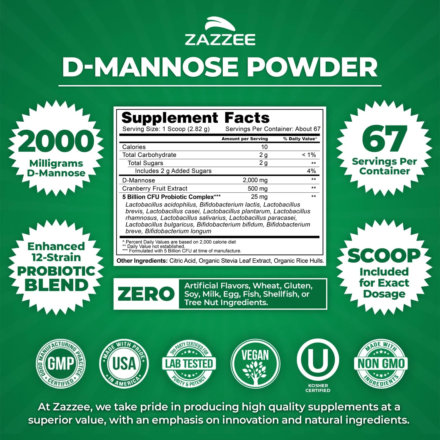 Zazzee D-Mannose Powder Plus 2000 mg | 67 Servings | Probiotics + Cranberry Extract | Kosher, Gluten-Free, Non-GMO - Image 3