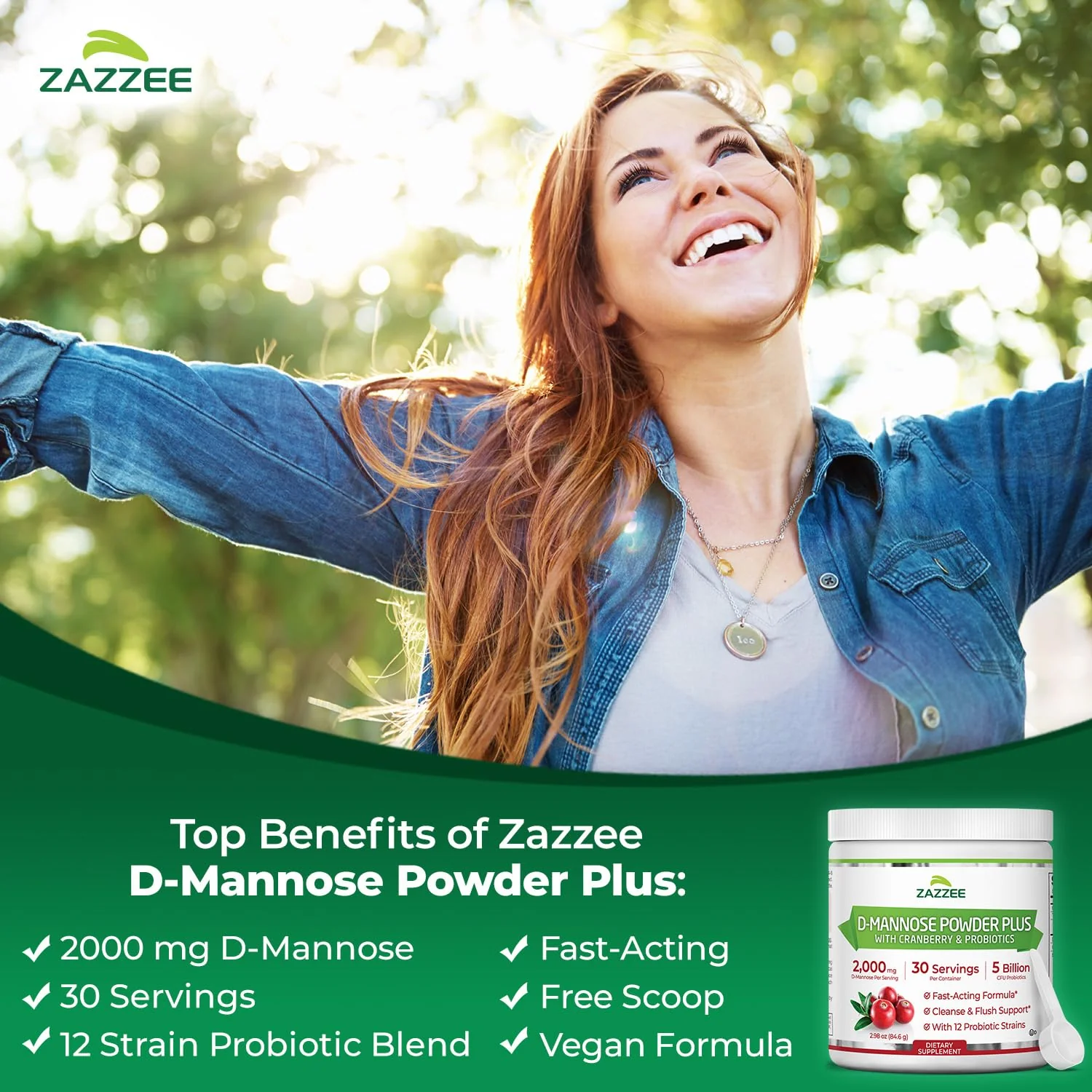 Zazzee D-Mannose Powder Plus – 2000 mg, Probiotics, Cranberry, 30 Servings - Image 2