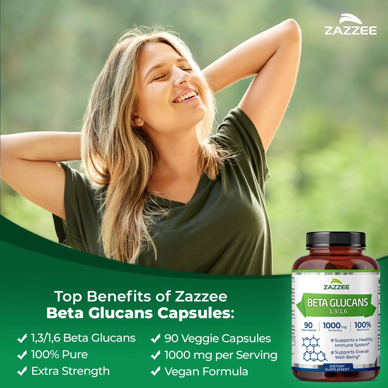 Zazzee Extra Strength Beta Glucans 1000 mg | 90 Vegan Capsules | Immune Support - Image 2