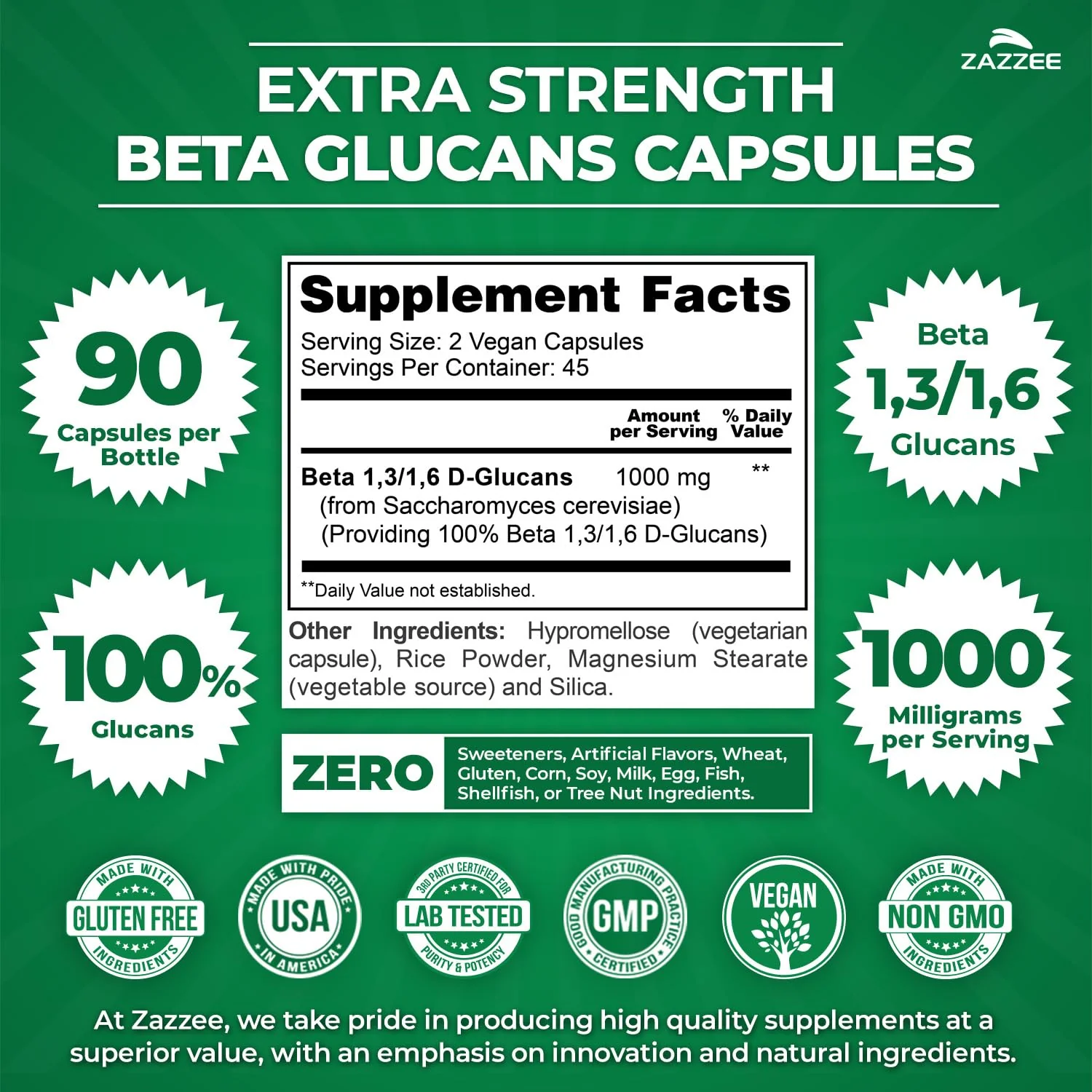 Zazzee Extra Strength Beta Glucans 1000 mg | 90 Vegan Capsules | Immune Support - Image 3