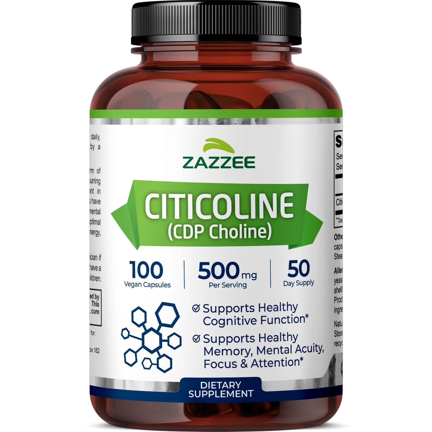 Zazzee Extra Strength Citicoline 500 mg – 100 Vegan Capsules | CDP Choline