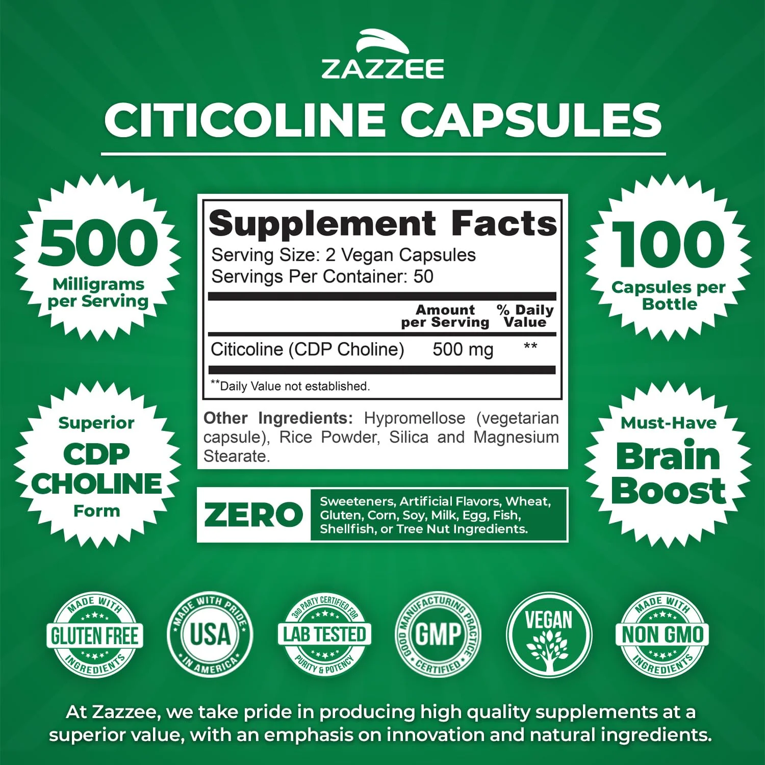 Zazzee Extra Strength Citicoline 500 mg – 100 Vegan Capsules | CDP Choline - Image 3