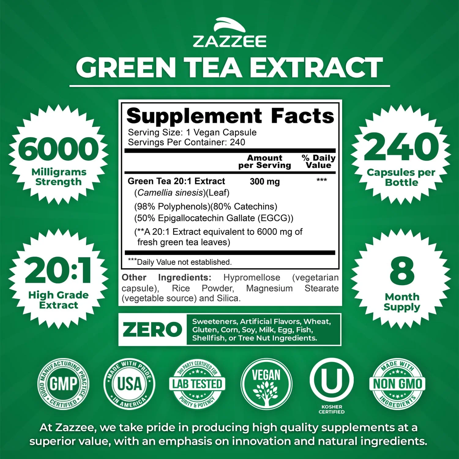 Zazzee Extra Strength Green Tea 20:1 Extract – 6000 mg, 8-Month Supply, 240 Vegan Capsules, 50% EGCG, 98% Polyphenols - Image 2