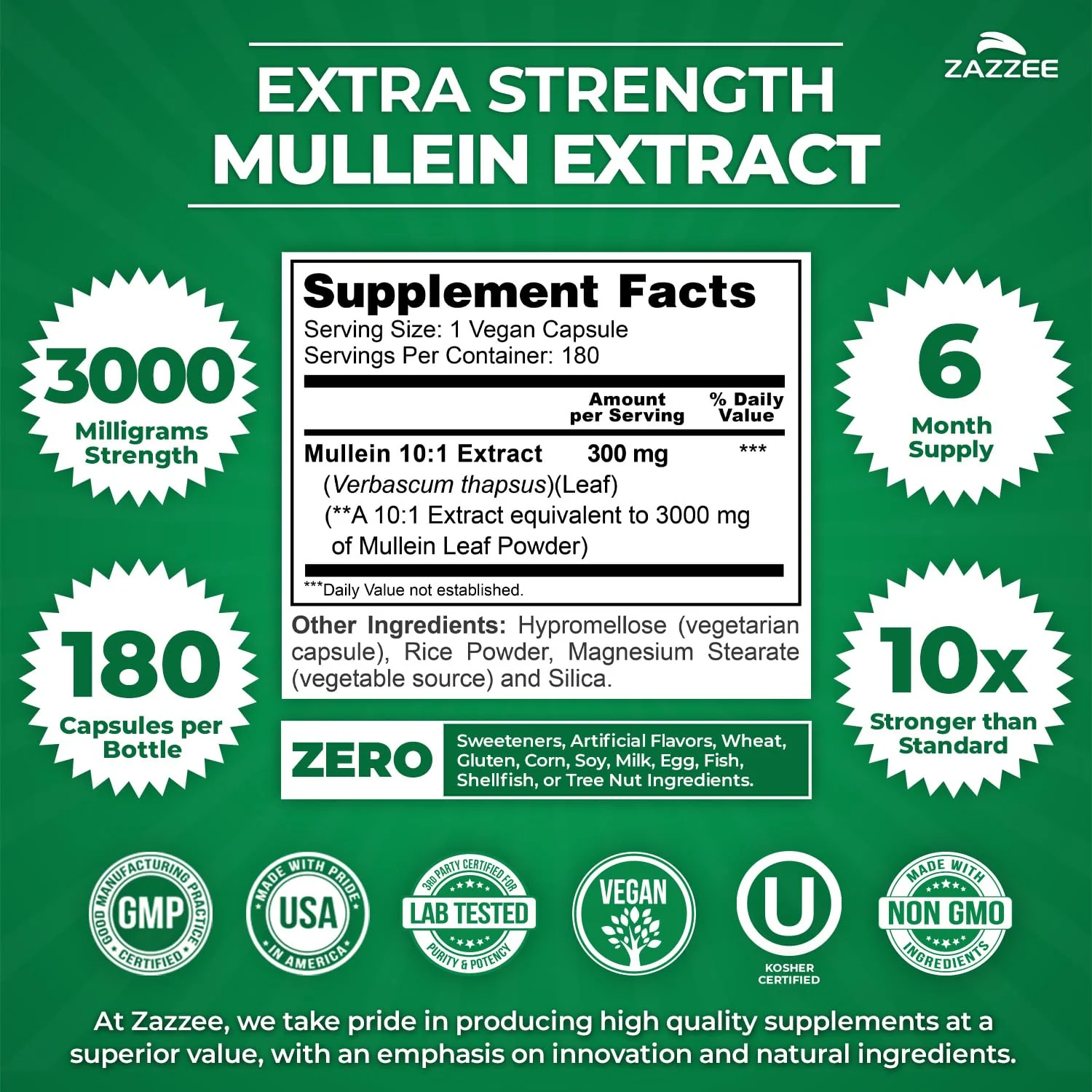 Zazzee Extra Strength Mullein 10:1 Extract – 3000 mg per Capsule, 180 Vegan Capsules, USA Made - Image 2