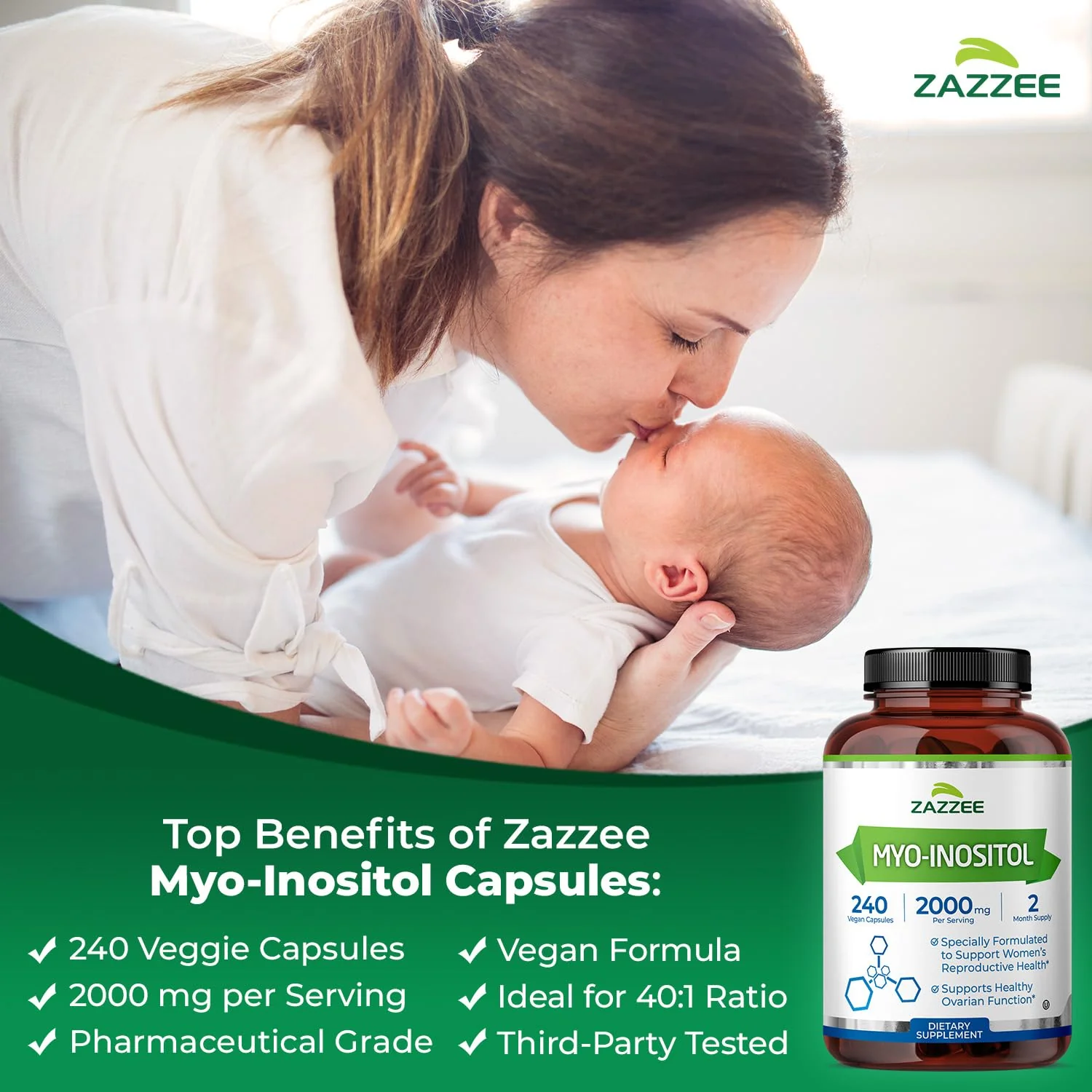 Zazzee Myo-Inositol Capsules - 2000 mg per Serving, 240 Vegetarian Capsules, 40:1 Ratio for Hormone Balance & Ovarian Support - Image 3