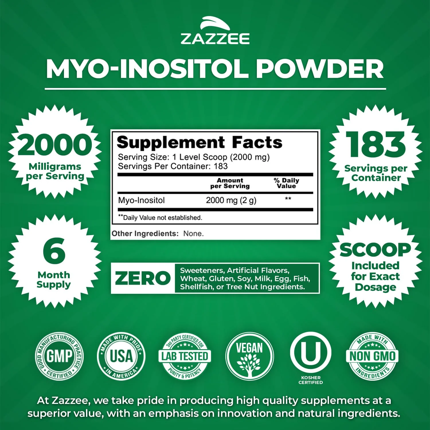 Zazzee Myo-Inositol Powder – 6 Month Supply, 183 Servings, 2000 mg per Serving, Free Scoop, Vegan & Non-GMO - Image 2