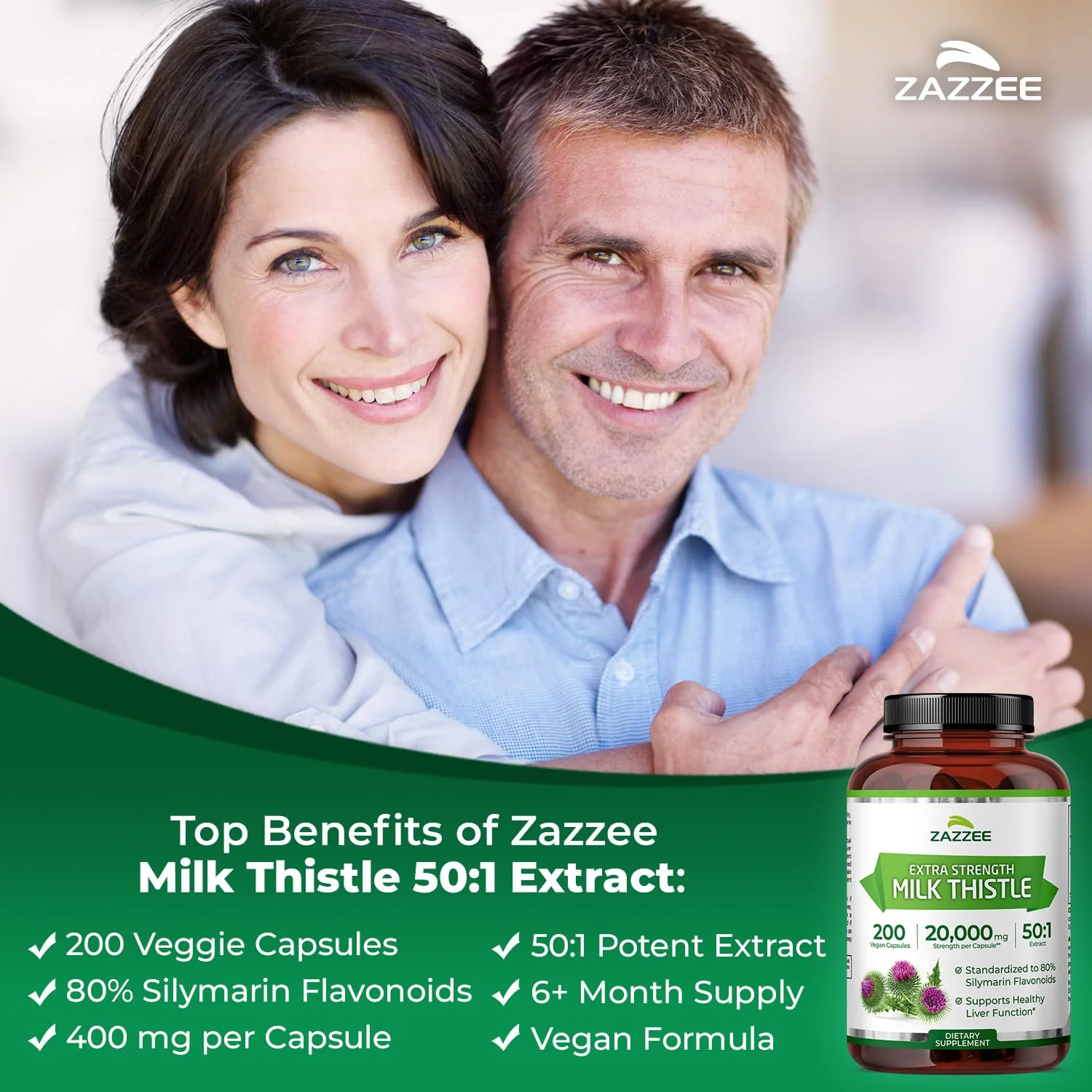 Zazzee Organic Milk Thistle 50:1 Extract – 20,000 mg Strength, 200 Capsules, 80% Silymarin, 6-Month Supply - Image 3