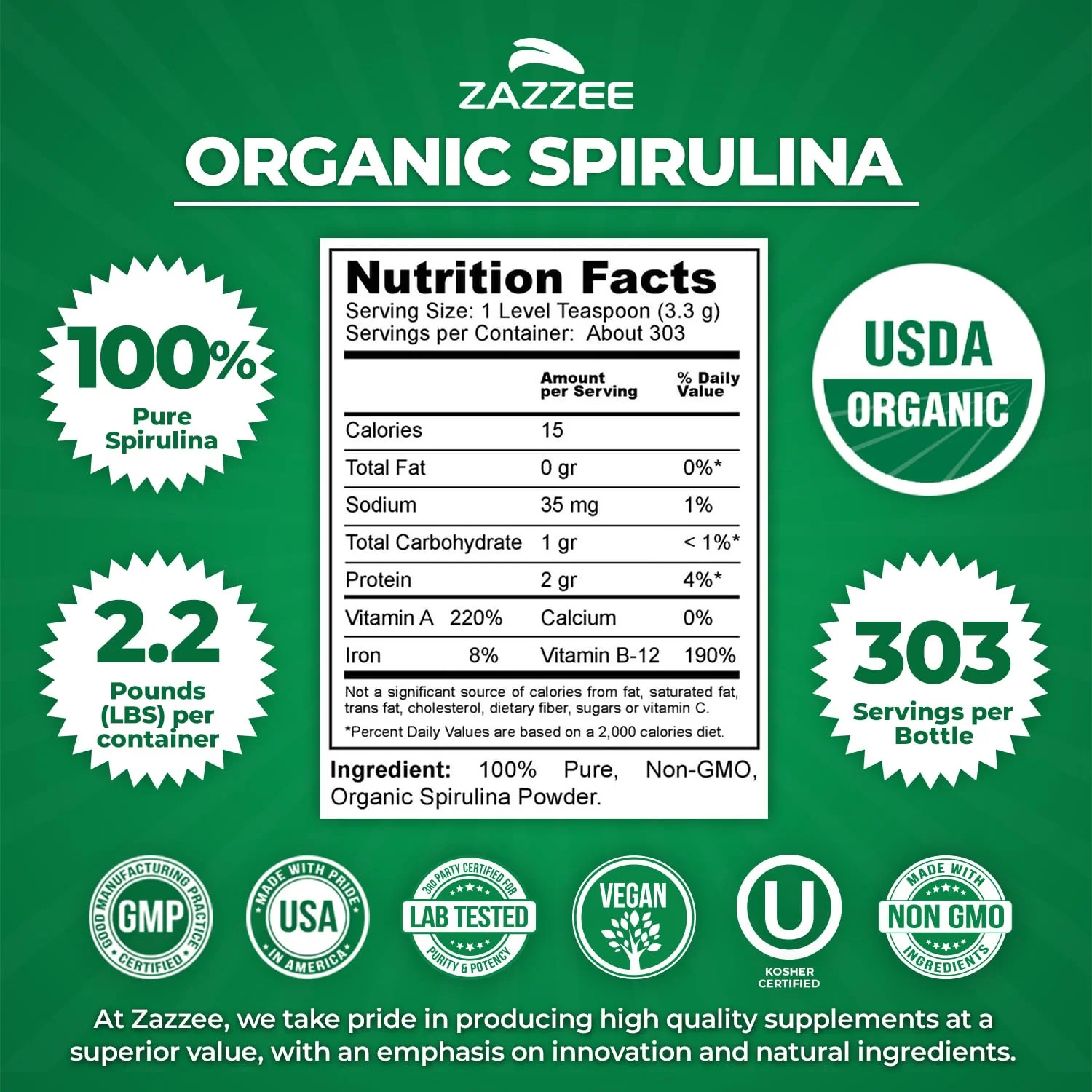 Zazzee Organic Spirulina Powder – 2.2 lb / 1 KG, USDA Certified, 303 Servings, Kosher, Non-GMO, Gluten-Free - Image 11