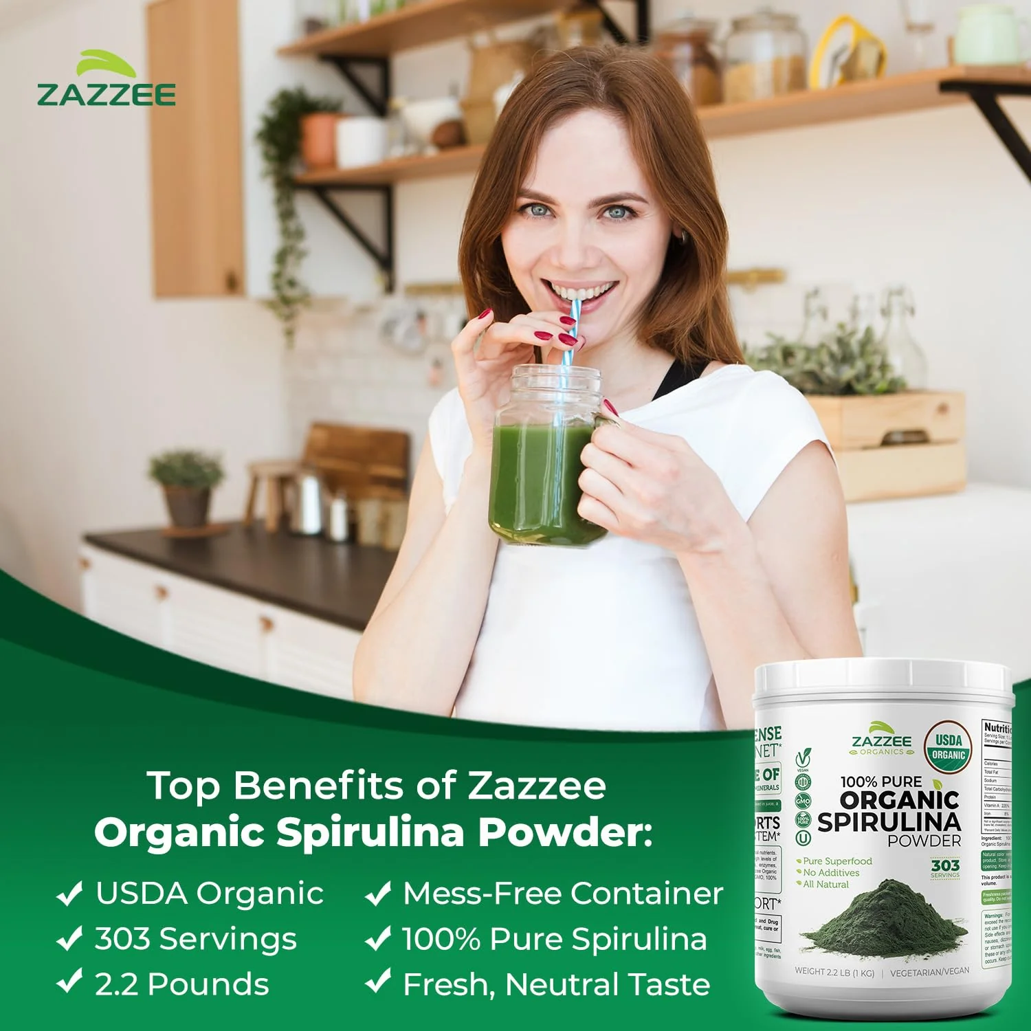 Zazzee Organic Spirulina Powder – 2.2 lb / 1 KG, USDA Certified, 303 Servings, Kosher, Non-GMO, Gluten-Free - Image 13