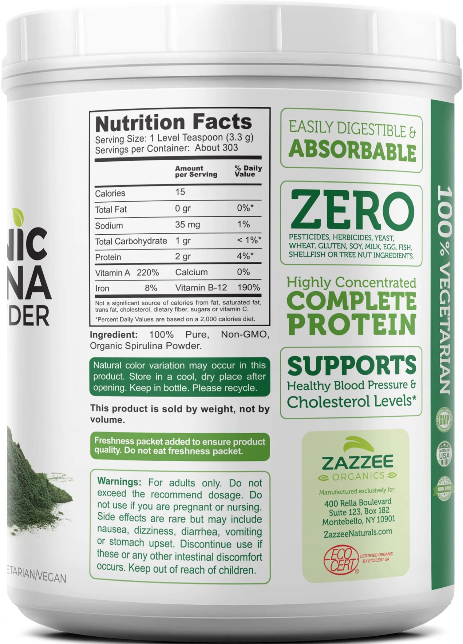 Zazzee Organic Spirulina Powder – 2.2 lb / 1 KG, USDA Certified, 303 Servings, Kosher, Non-GMO, Gluten-Free - Image 16