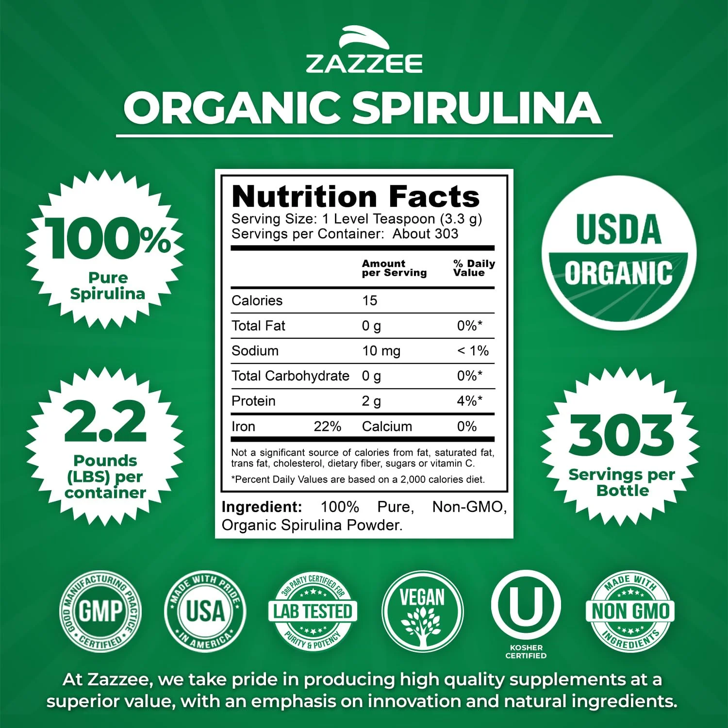 Zazzee Organic Spirulina Powder – 2.2 lb / 1 KG, USDA Certified, 303 Servings, Kosher, Non-GMO, Gluten-Free - Image 3
