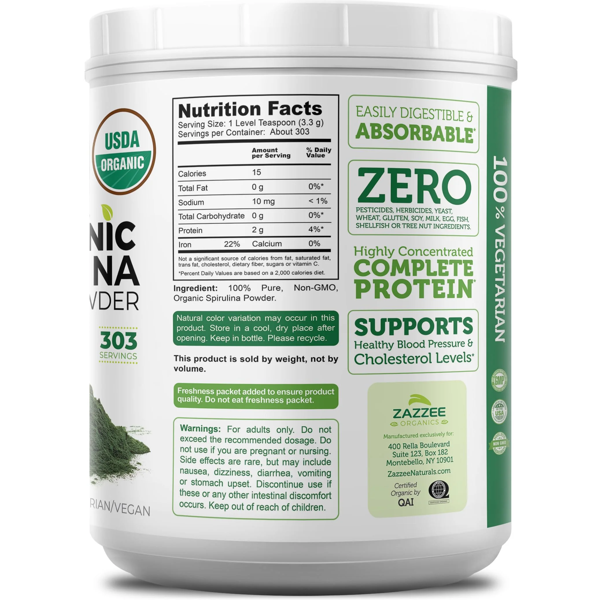Zazzee Organic Spirulina Powder – 2.2 lb / 1 KG, USDA Certified, 303 Servings, Kosher, Non-GMO, Gluten-Free - Image 7