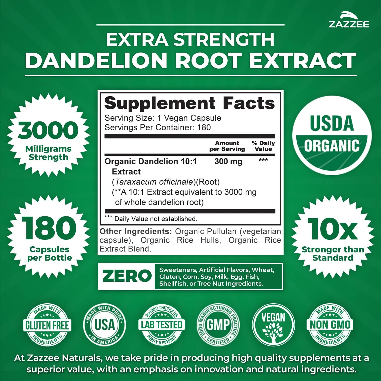 Zazzee USDA Organic Dandelion Root 10:1 Extract – 3000 mg, 180 Capsules, 6 Month Supply - Image 2