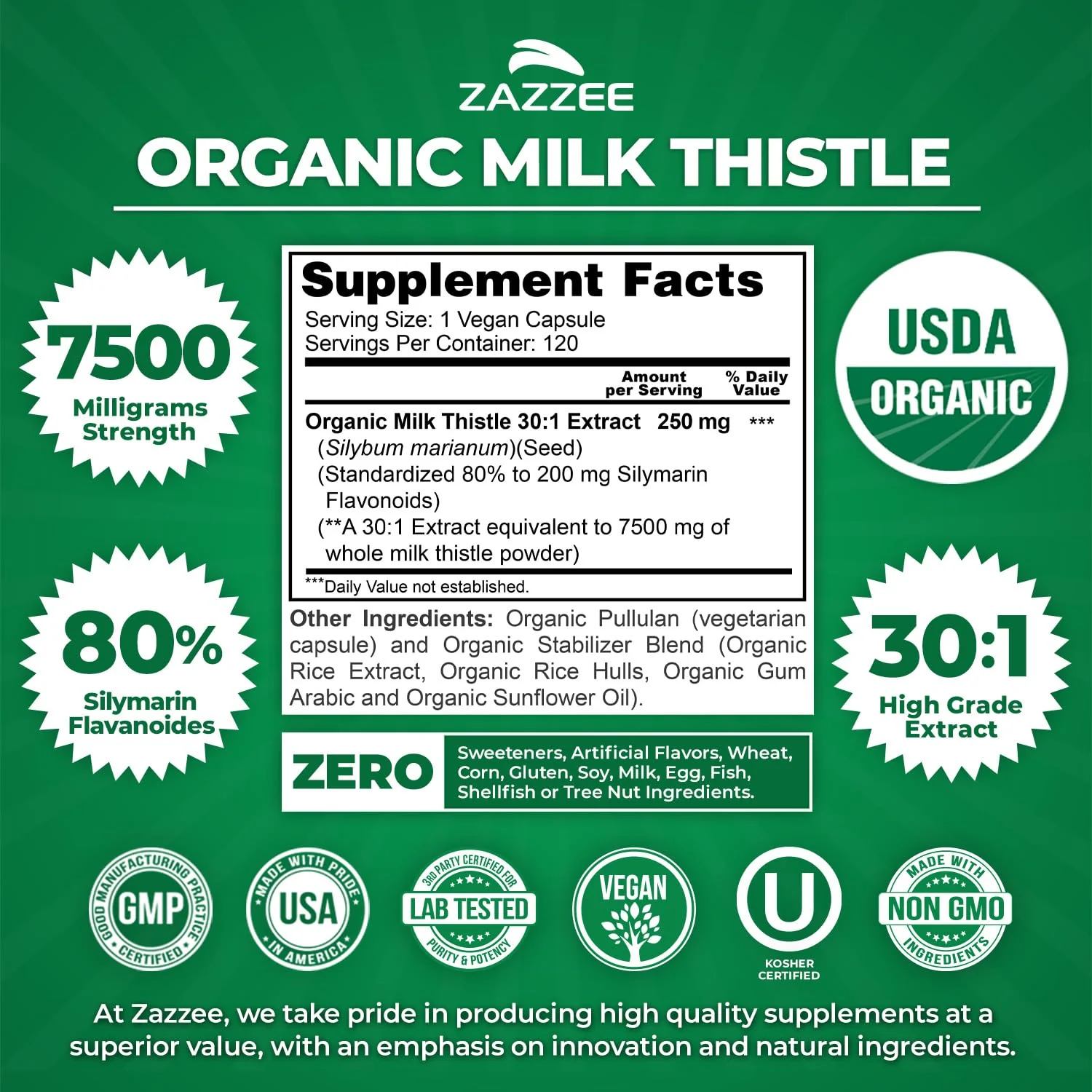 Zazzee USDA Organic Milk Thistle 30:1 Extract - 7500 mg, 120 Veg Capsules - Image 3