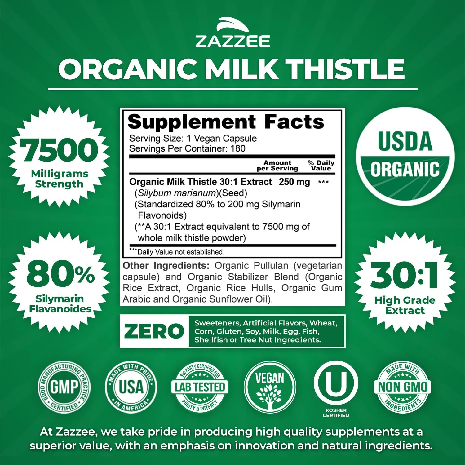 Zazzee USDA Organic Milk Thistle 30:1 Extract – 7500 mg per Capsule, 180 Vegan Capsules, 80% Silymarin, USA Made - Image 3
