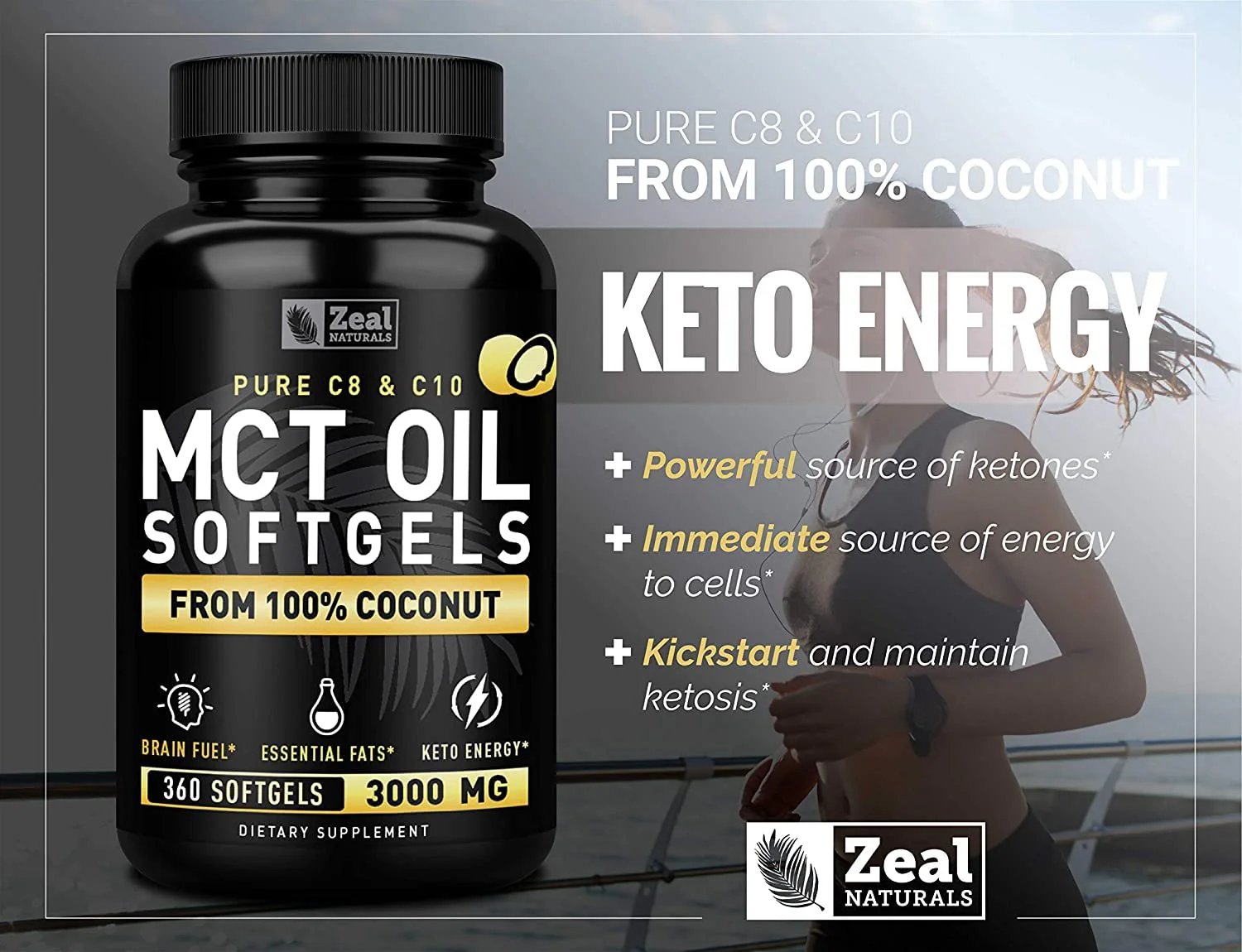 Zeal Naturals Pure MCT Oil Capsules - 3000mg, 360 Softgels | C8/C10 MCT from Coconut | Energy Support & Focus | Gluten-Free - Image 2