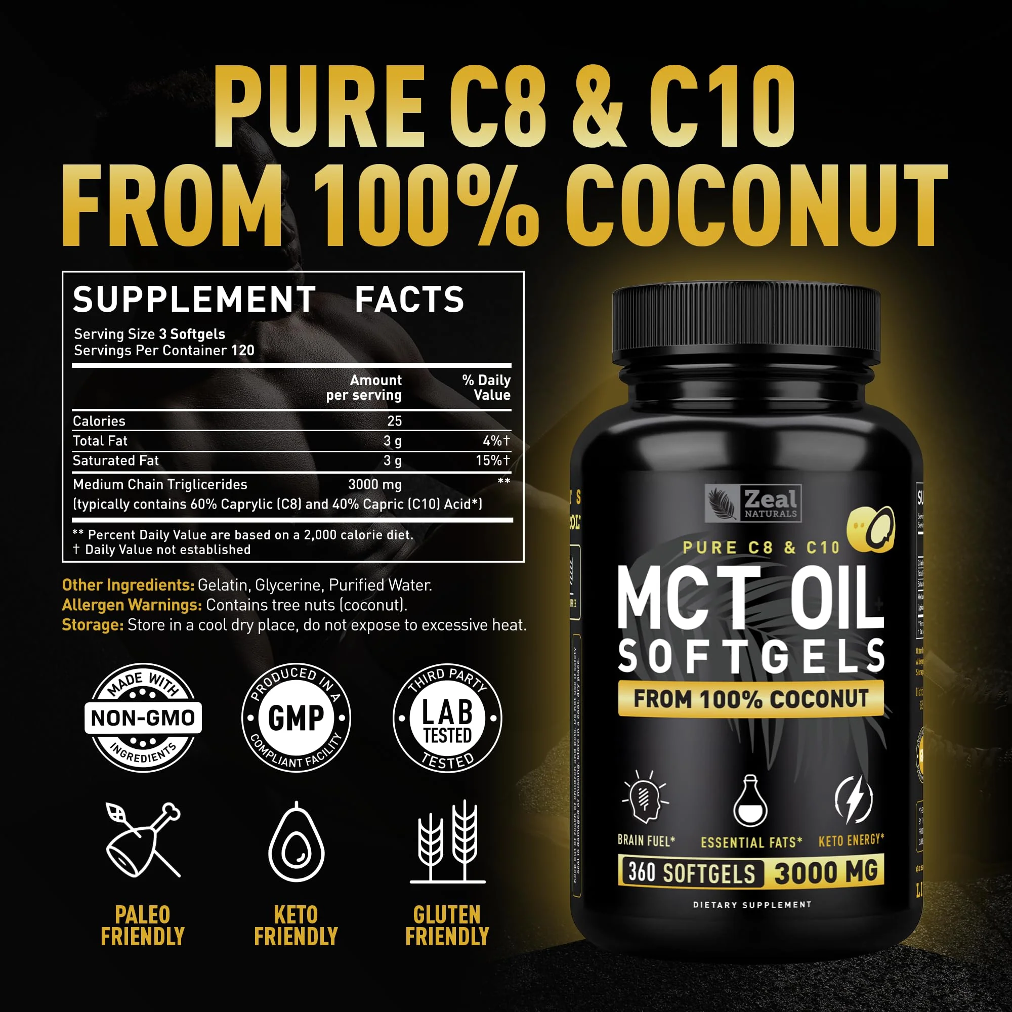 Zeal Naturals Pure MCT Oil Capsules - 3000mg, 360 Softgels | C8/C10 MCT from Coconut | Energy Support & Focus | Gluten-Free - Image 9