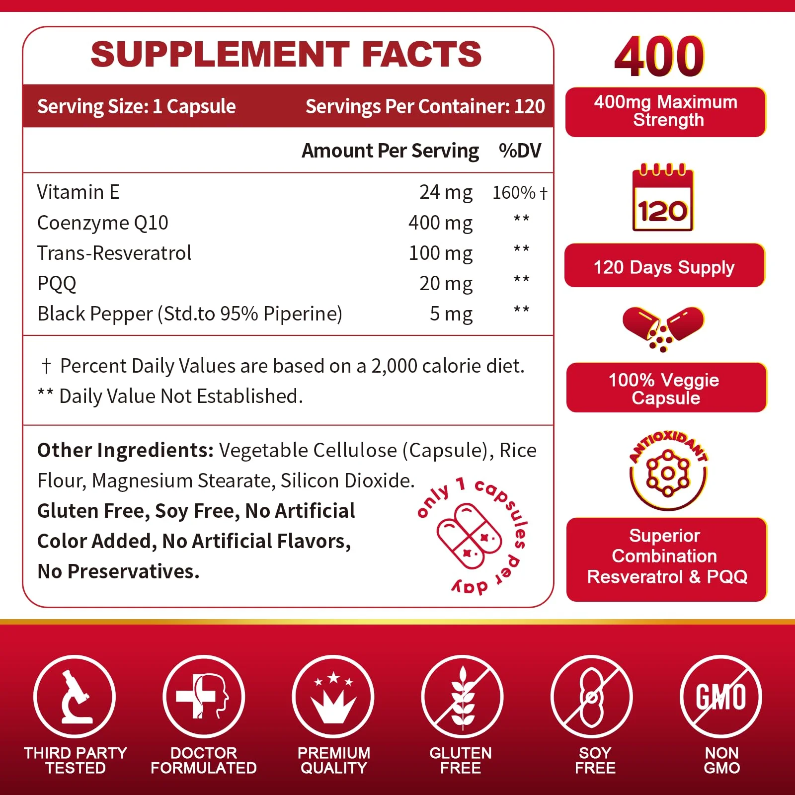 ZEBORA CoQ10-400mg with Trans-Resveratrol, PQQ & Vitamin E — High-Absorption CoQ10 with BioPerine, 2-Pack Veggie Capsules - Image 2