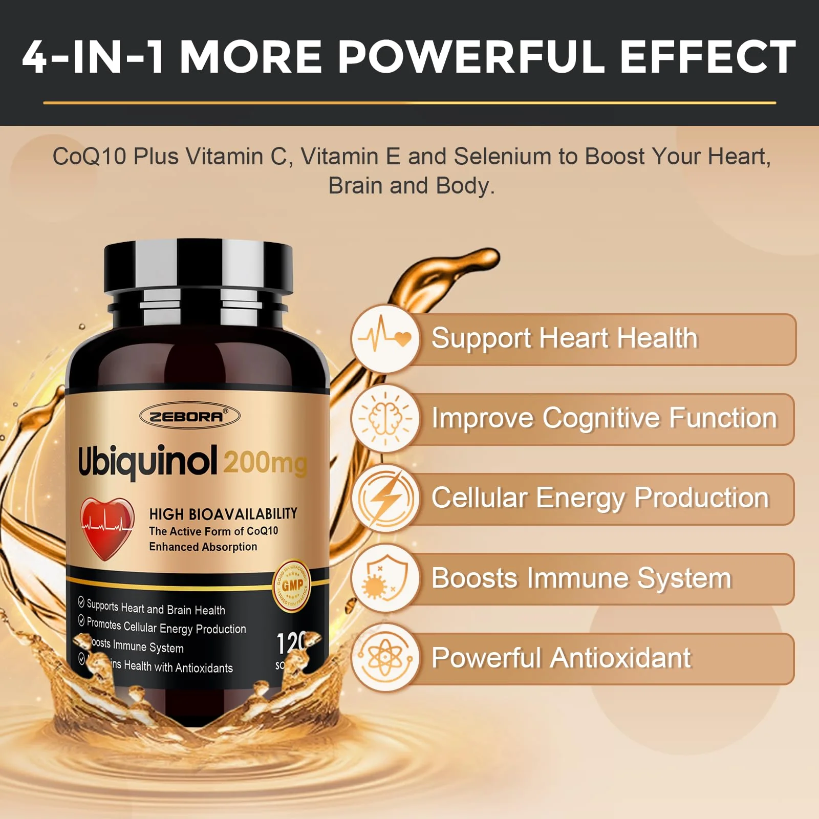 ZEBORA Ubiquinol CoQ10 200mg Softgels – 4-in-1 Antioxidant with Max Absorption (Pack of 2) - Image 10
