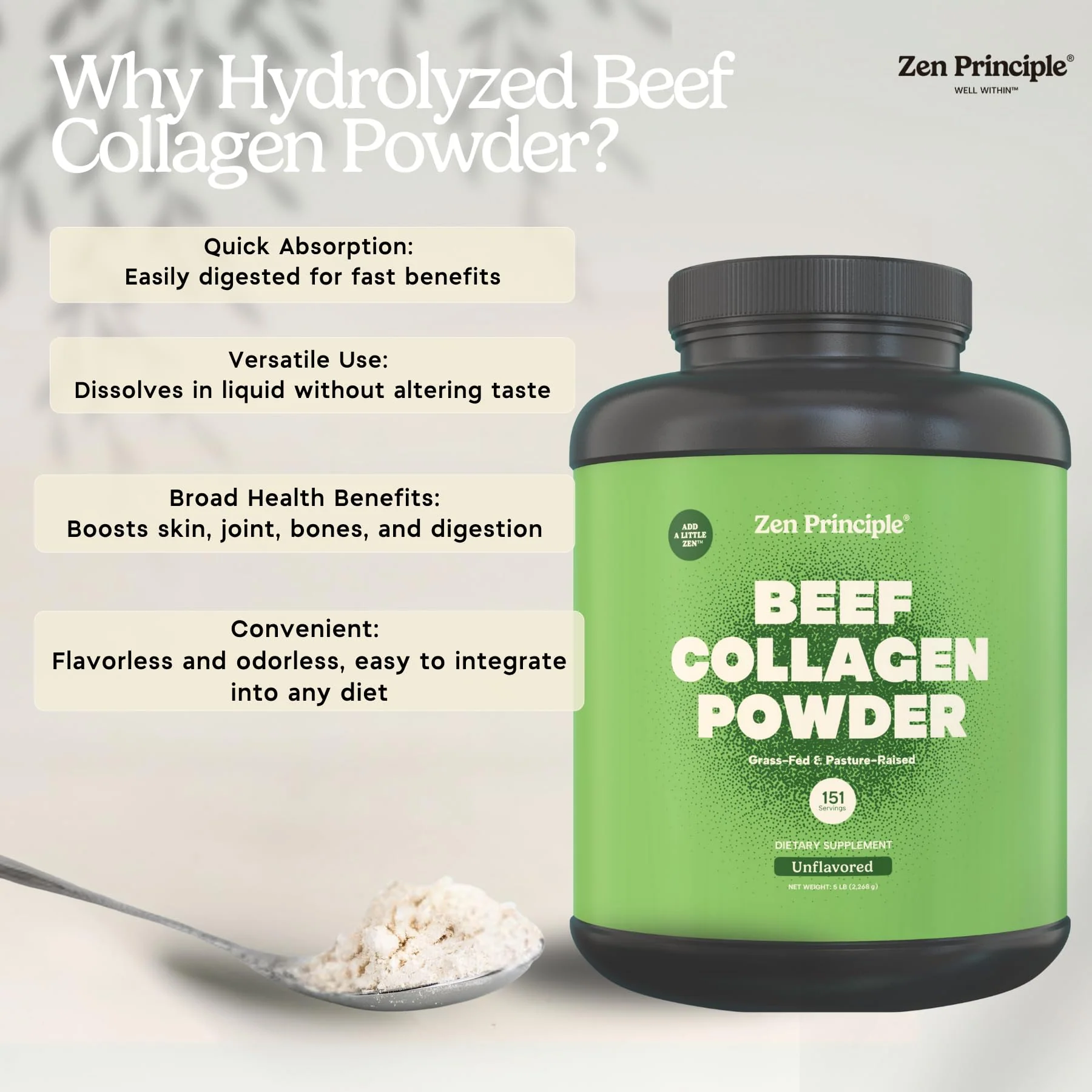 Zen Principle Grass-Fed Collagen Peptides 5 lb – Anti-Aging Protein Powder - Image 2