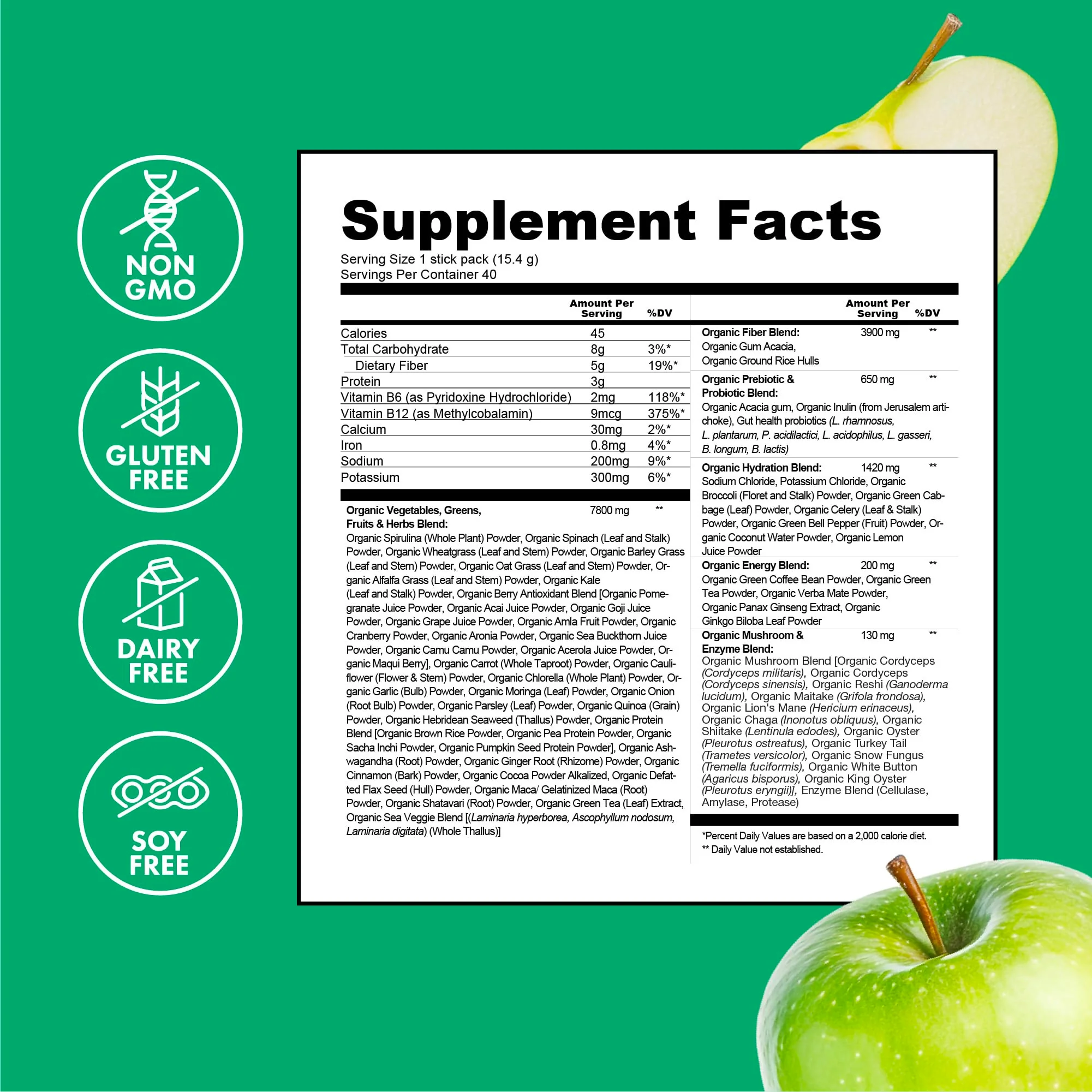Zena Nutrition Organic Super Greens Energy & Hydration Powder — 70+ Superfoods, 0 Sugar, 5g Fiber, 40 Packets - Image 12