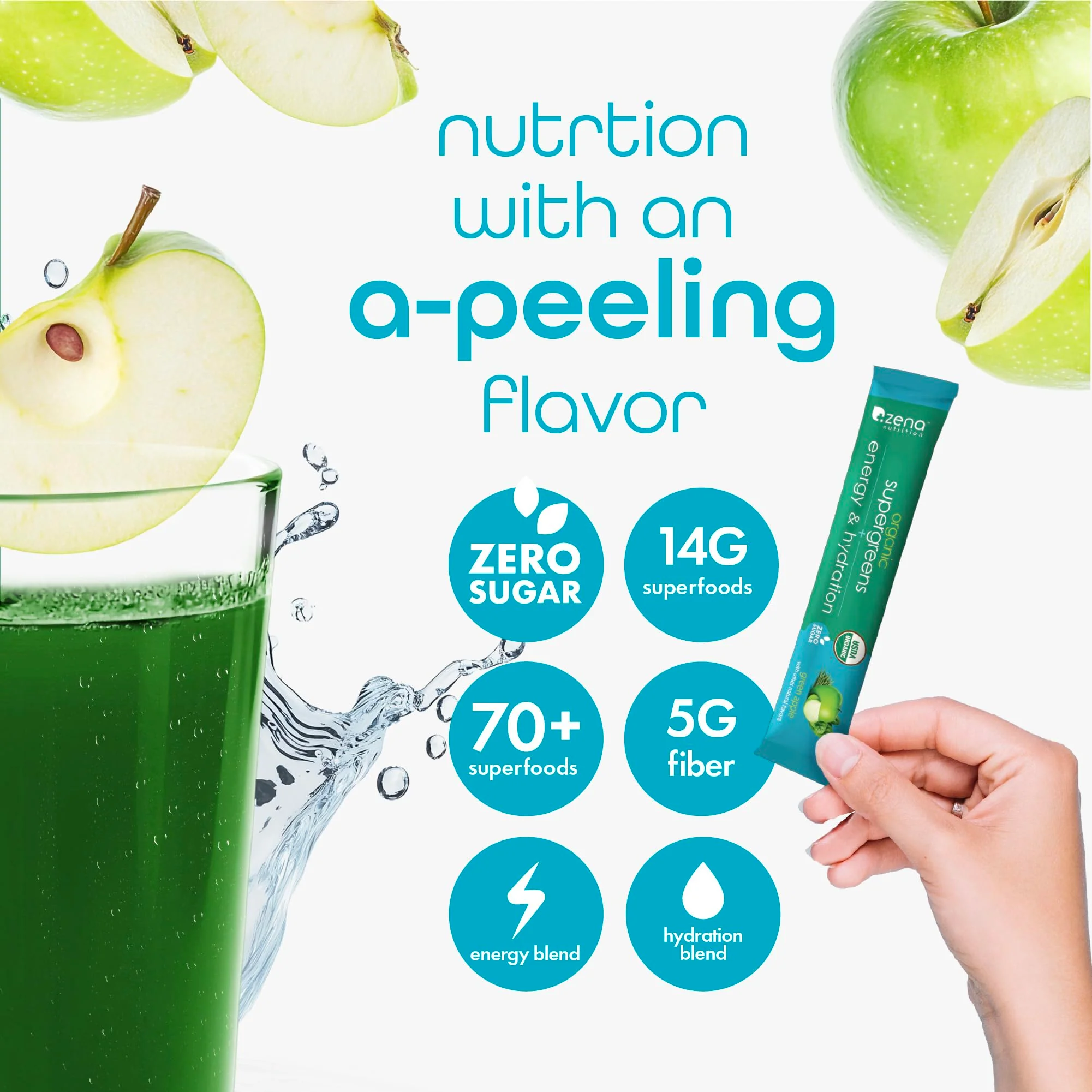 Zena Nutrition Organic Super Greens Energy & Hydration Powder — 70+ Superfoods, 0 Sugar, 5g Fiber, 40 Packets - Image 4