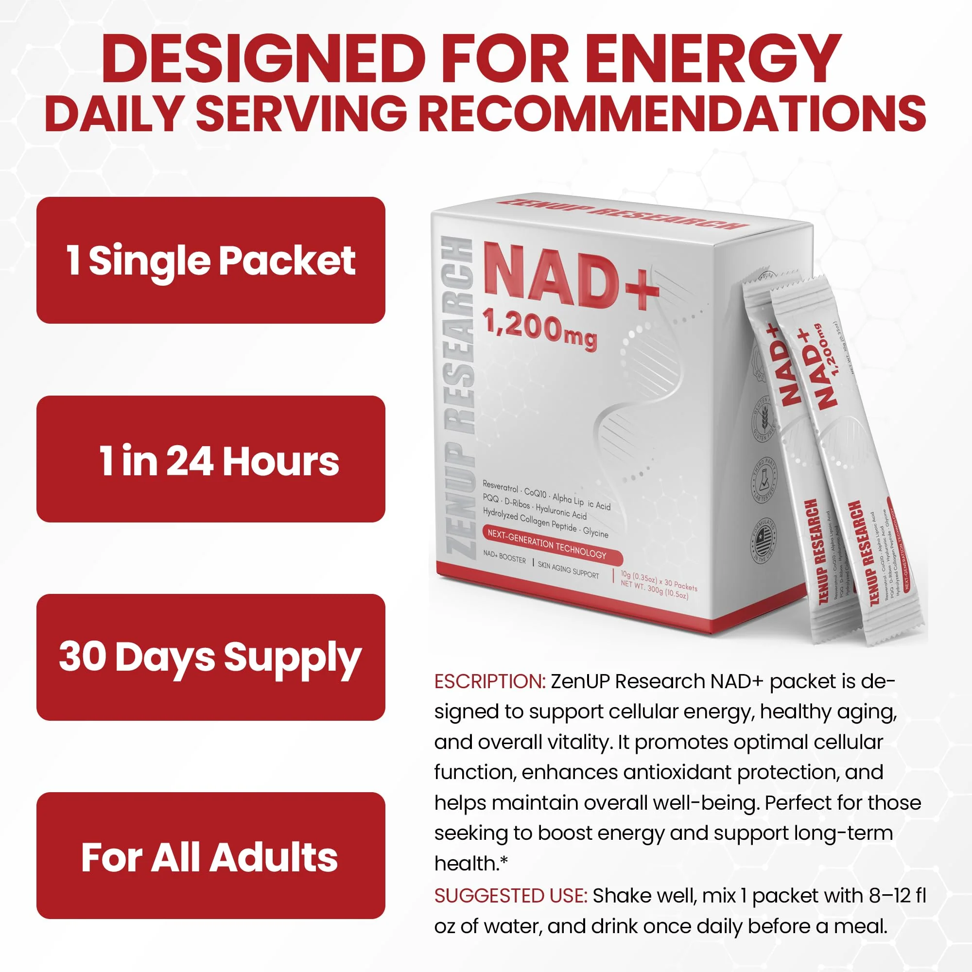 ZenUP NAD+ Extra Strength 1200mg Stick Pack – CoQ10, Resveratrol, D-Ribose & D-PQQ | 30 Packets - Image 8