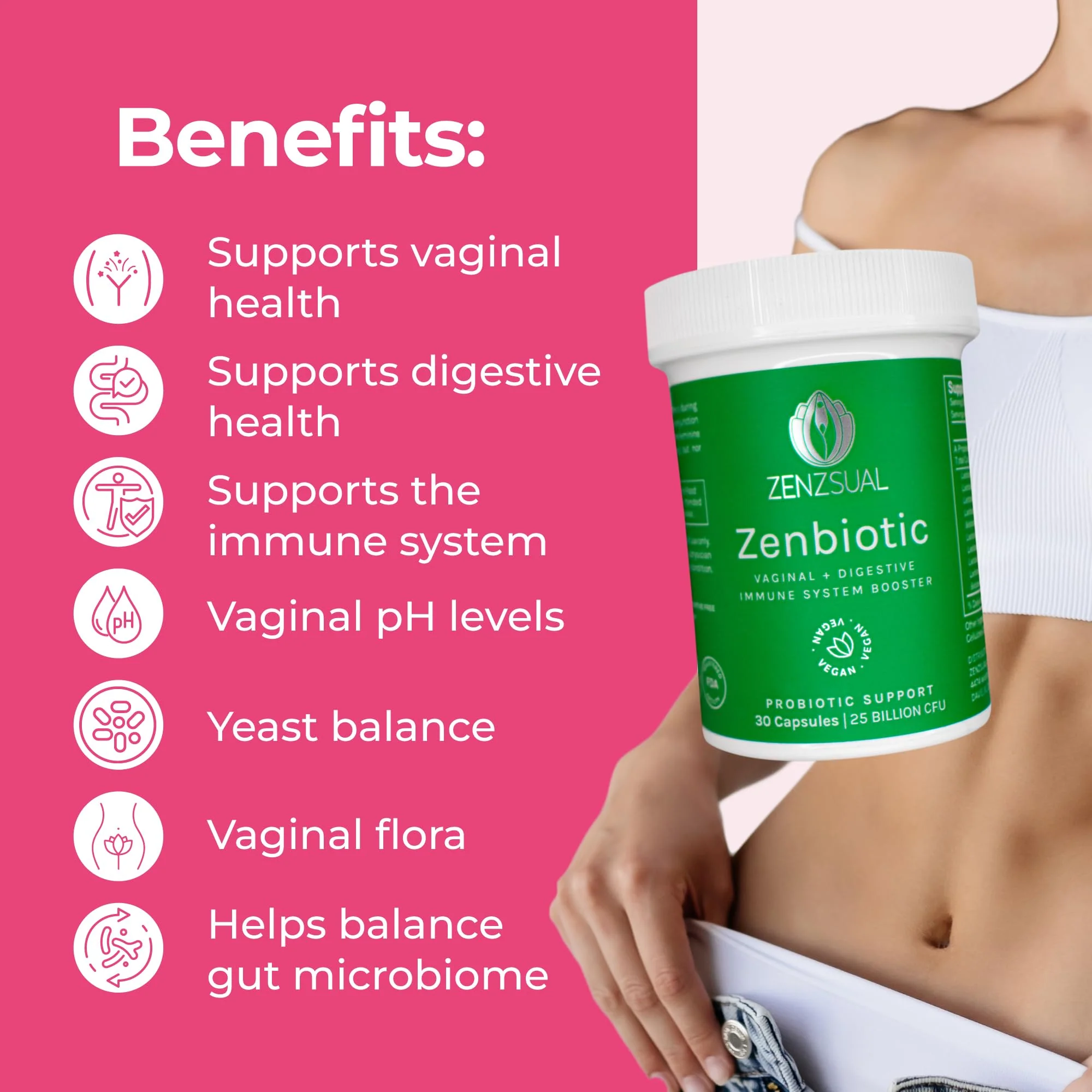 ZENZSUAL Zenbiotic Probiotics for Women – 25B CFU, Vaginal Health & pH Balance | 30 Vegan Capsules - Image 4
