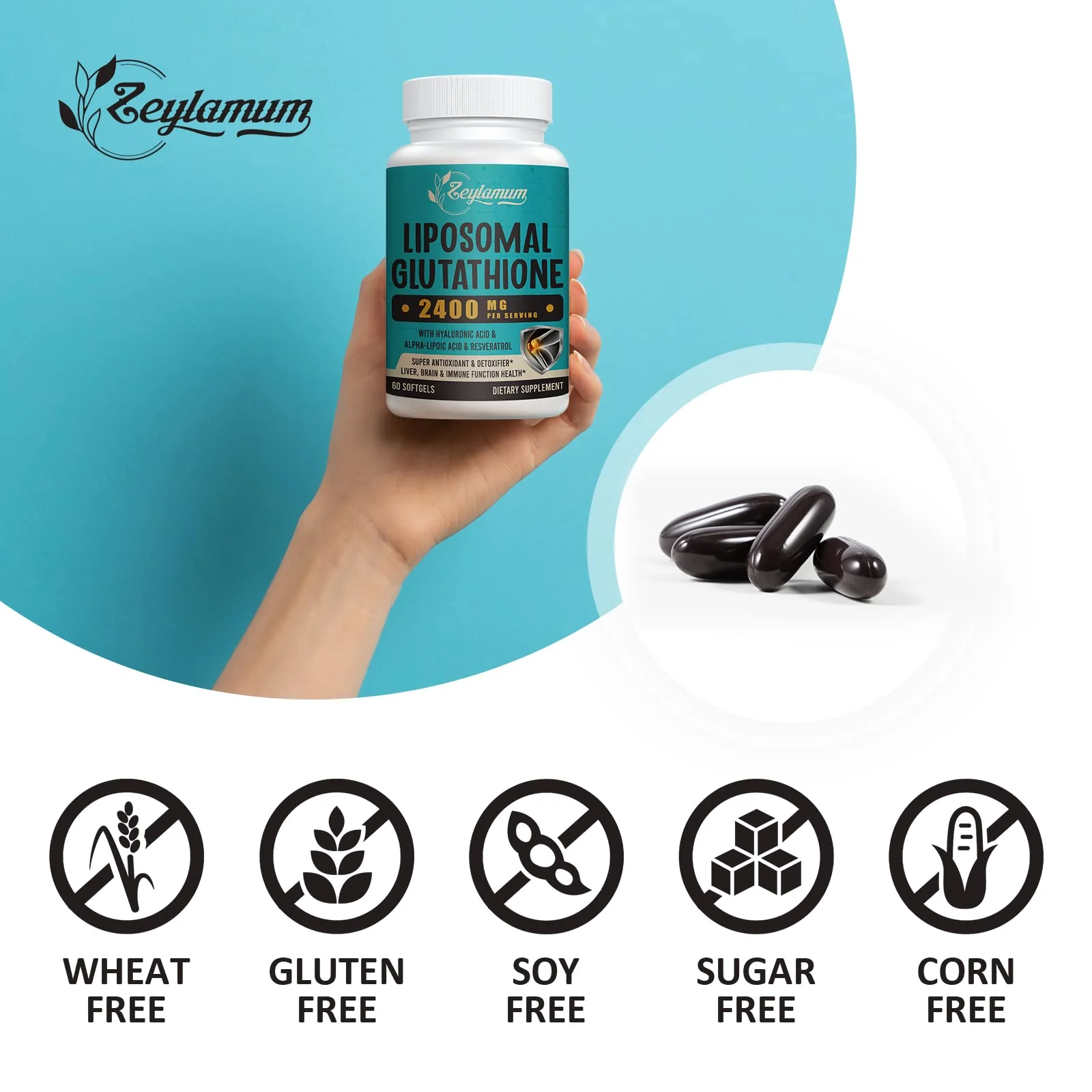 Zeylamum 2400mg Liposomal Glutathione Softgels – Max Absorption, Hyaluronic Acid & Resveratrol, 600 Softgels - Image 6
