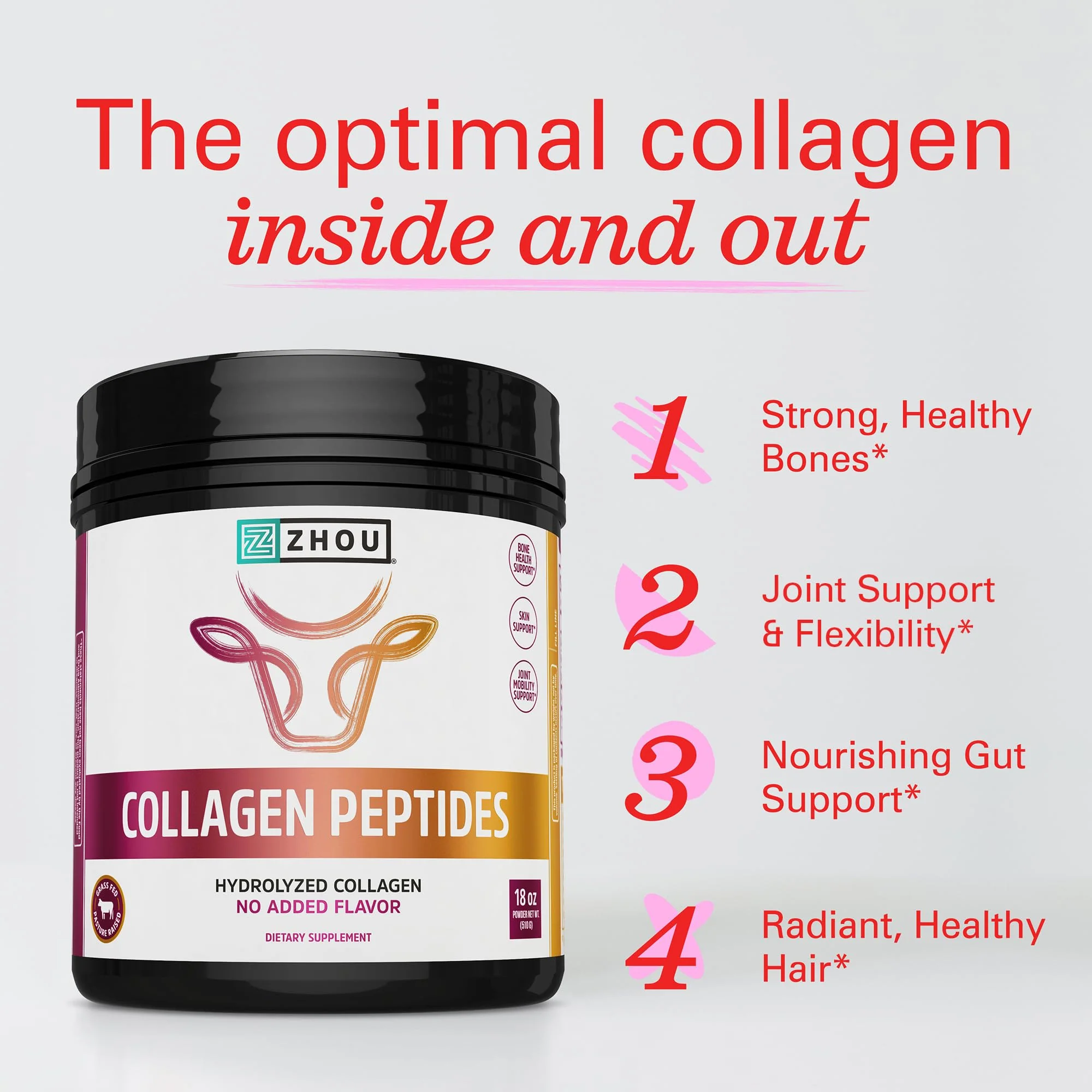 Zhou Collagen Peptides – Grass-Fed Bovine Collagen Powder for Skin, Hair, Joints | 18 oz Jar - Image 3