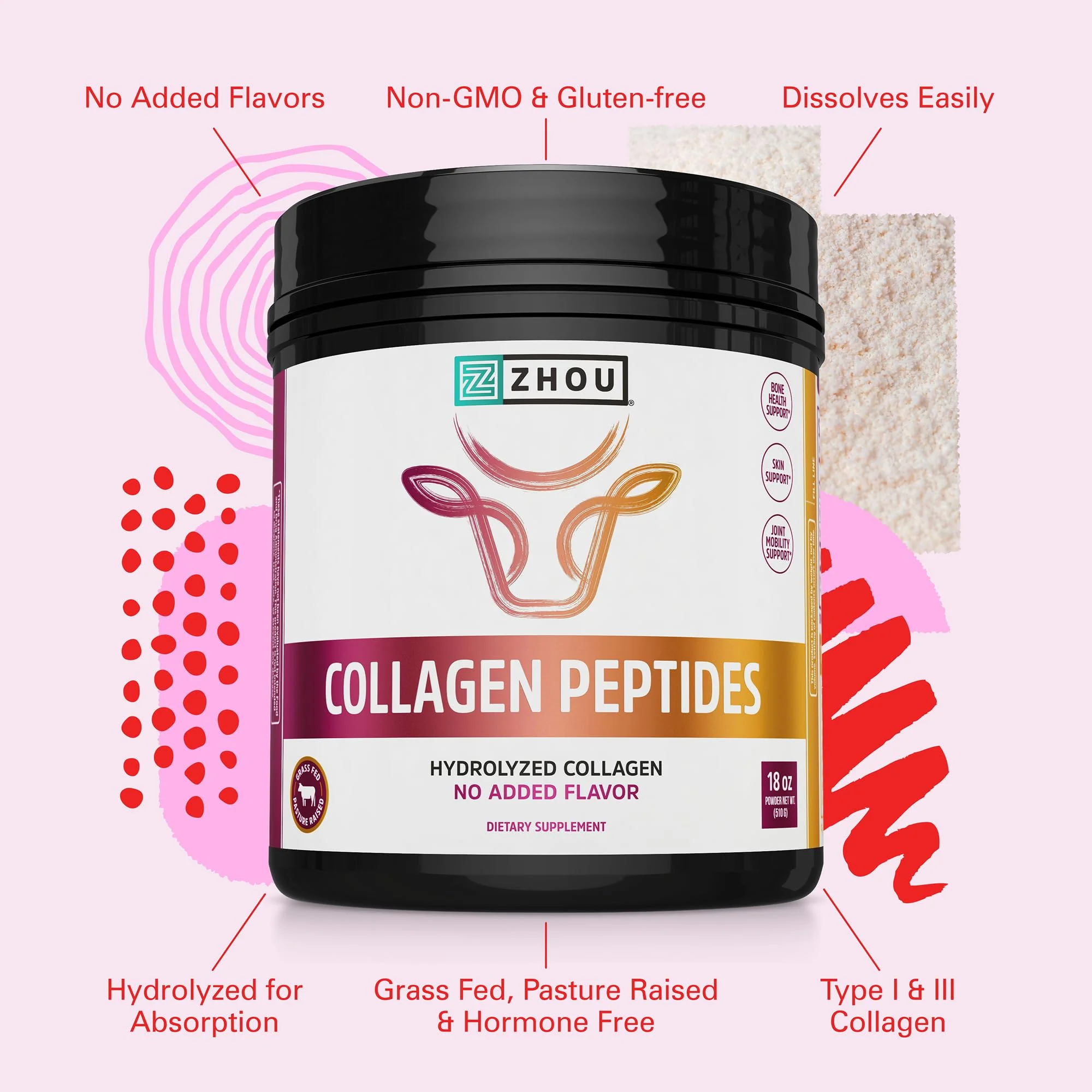 Zhou Collagen Peptides – Grass-Fed Bovine Collagen Powder for Skin, Hair, Joints | 18 oz Jar - Image 4