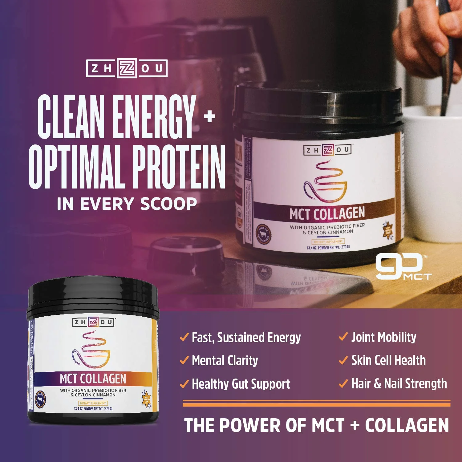 Zhou MCT Collagen Powder – Vanilla, 13.4 oz | Hydrolyzed Collagen + MCT - Image 2